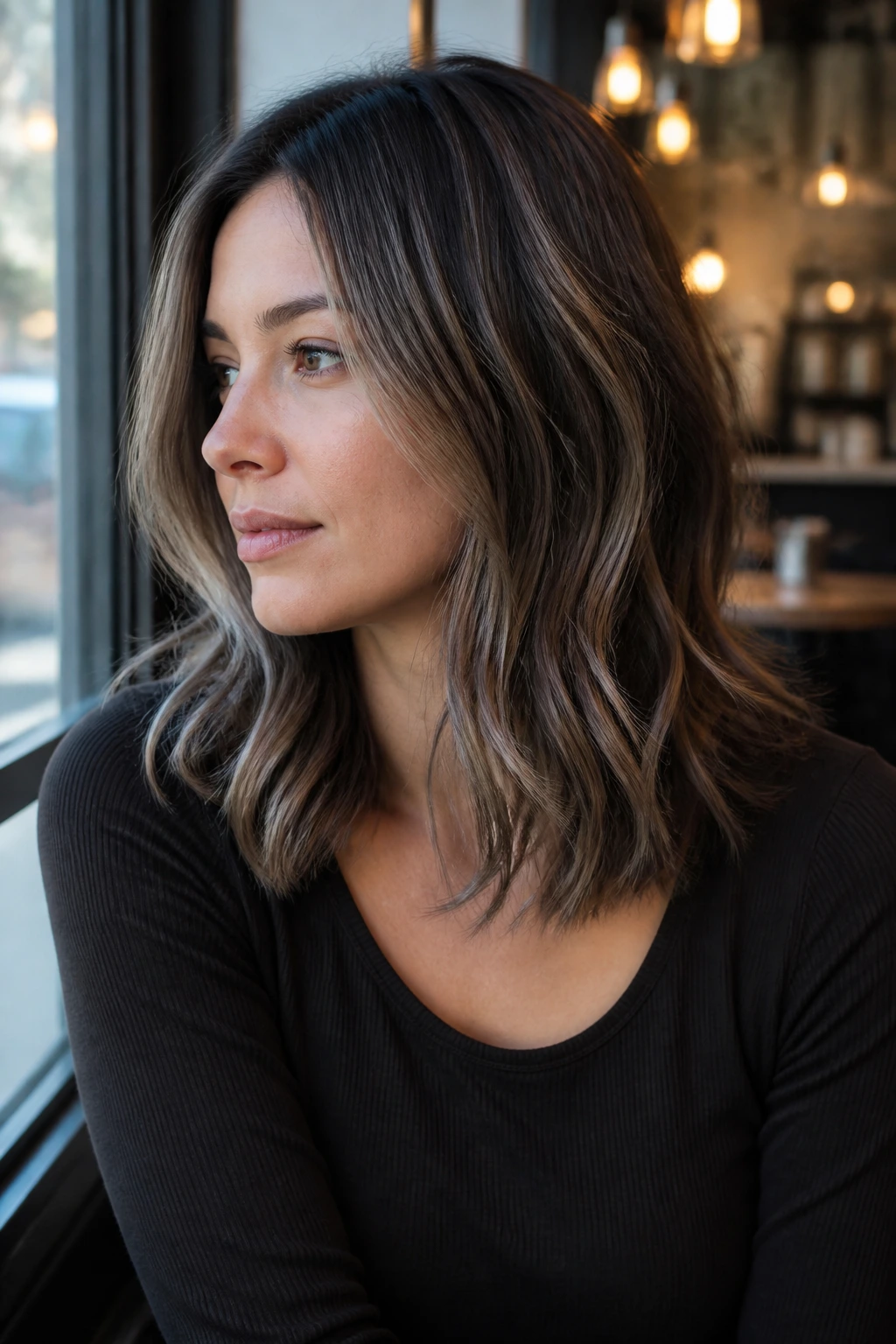 Close-up of woman with Smoky Mushroom Balayage in cool taupe tones