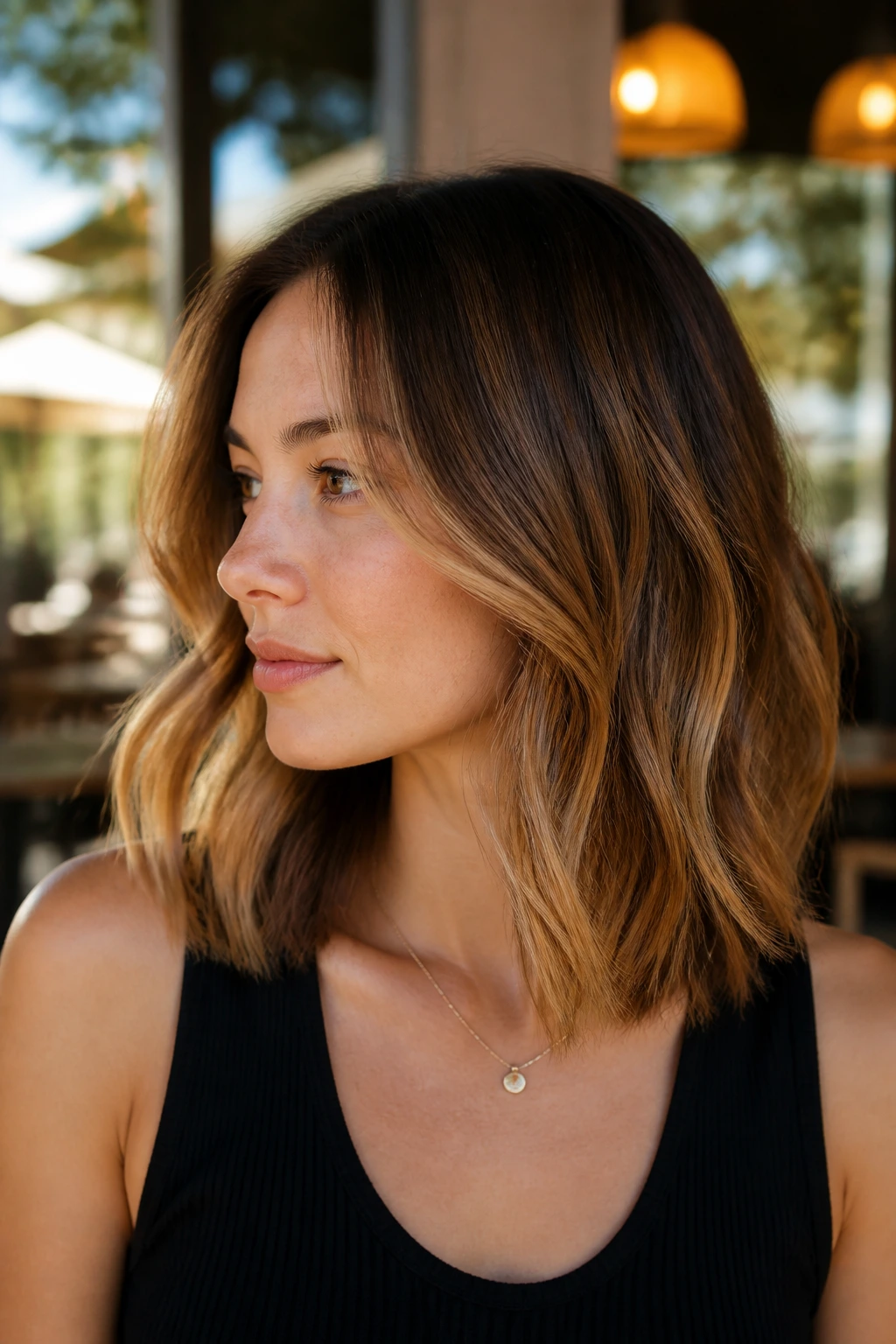 Close-up portrait of a real person with tawny edge balayage highlighting the hair perimeter
