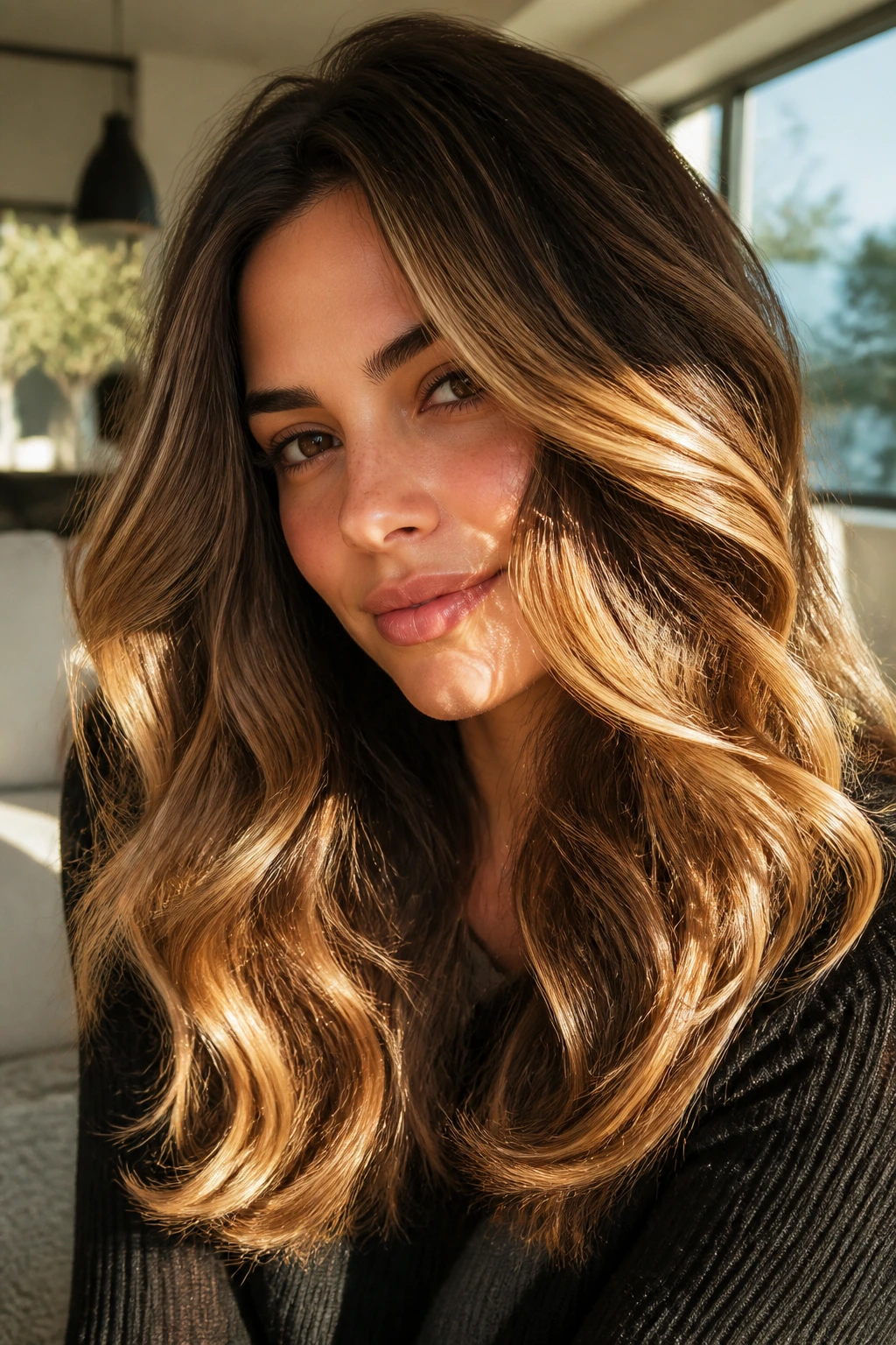 Close-up of a real woman with thick hair featuring golden balayage in warm sunlight