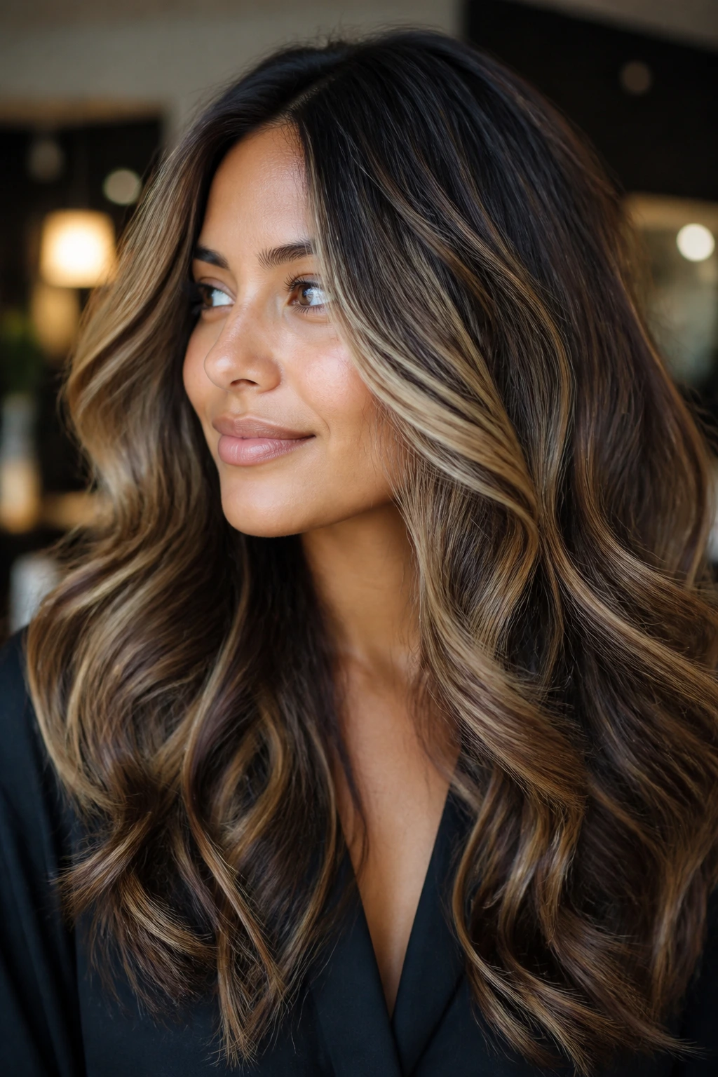 Close-up portrait of a real woman with thick hair and broad balayage ribbons.