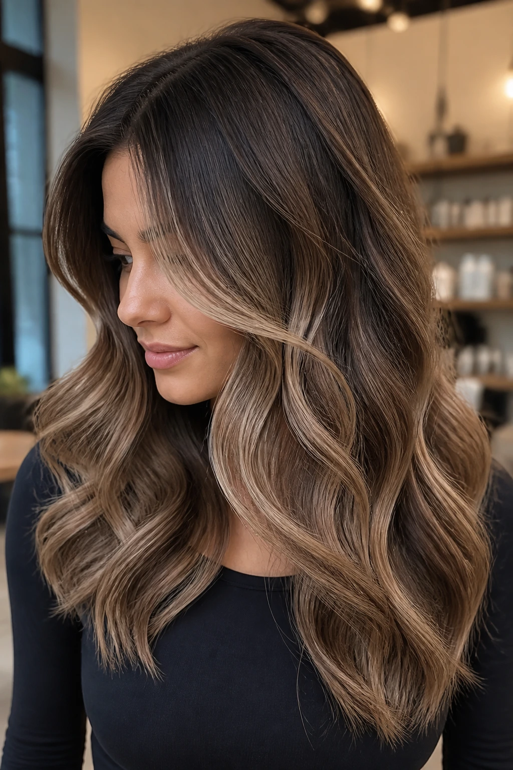 Thick hair with wider balayage sections visible in natural window light.
