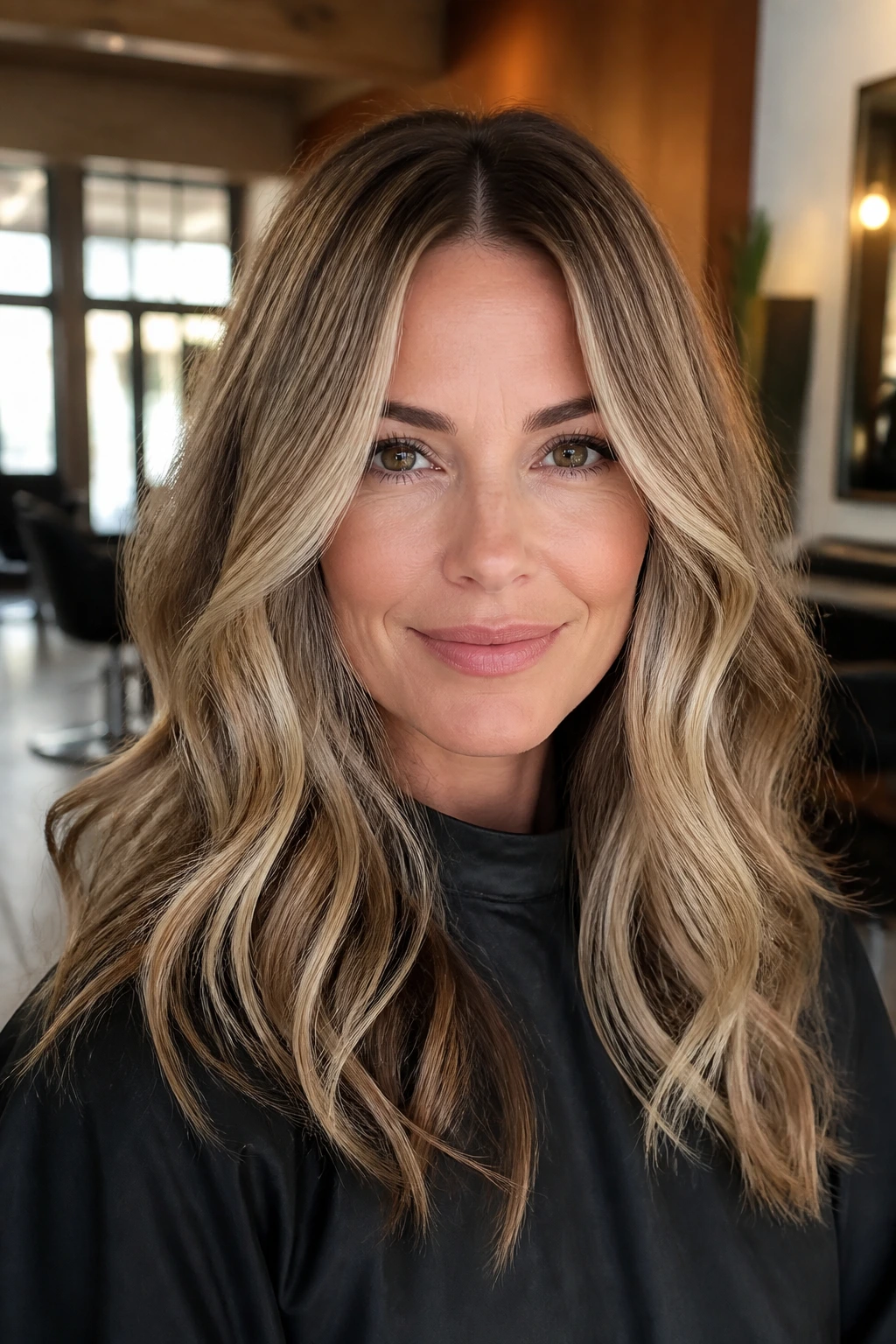 Close-up portrait of a real woman with balayage showing root depth and micro ribbons in a salon