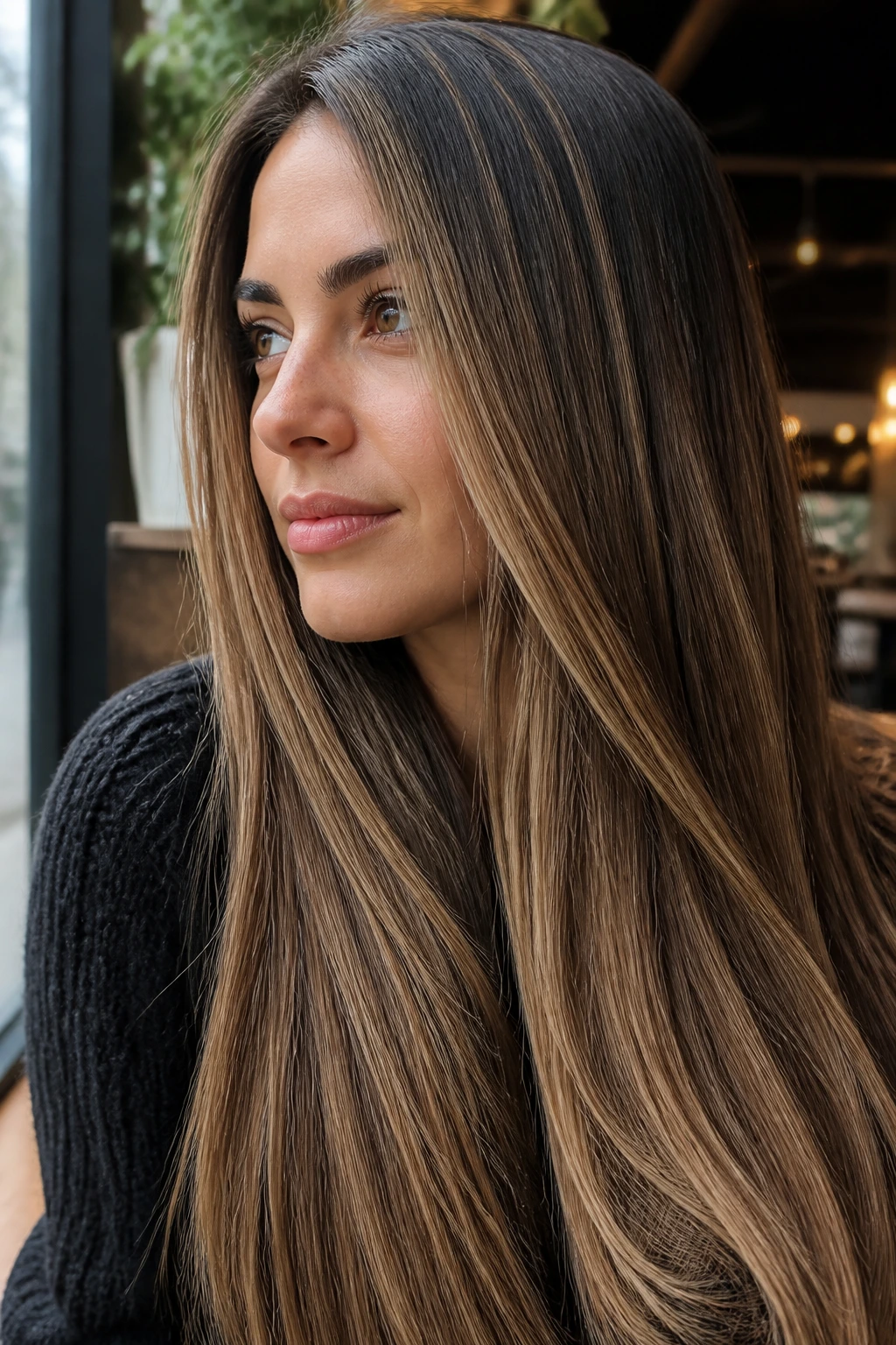 Close-up of a real woman with toasted almond highlights on long straight hair