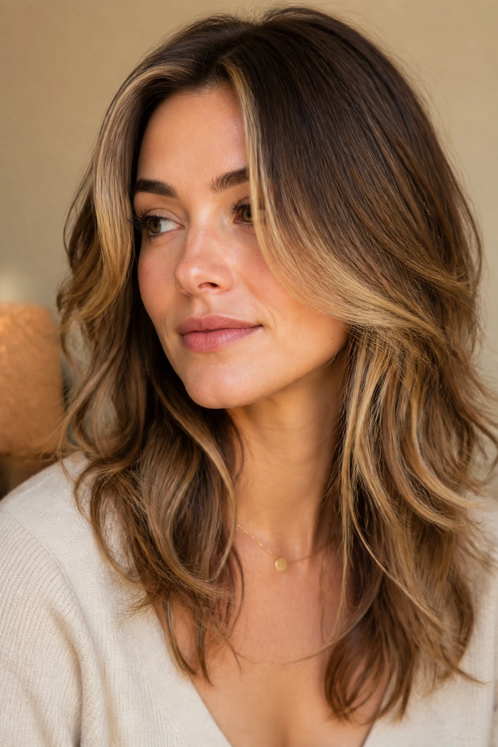 Real person with face-framing balayage tone and layered cut