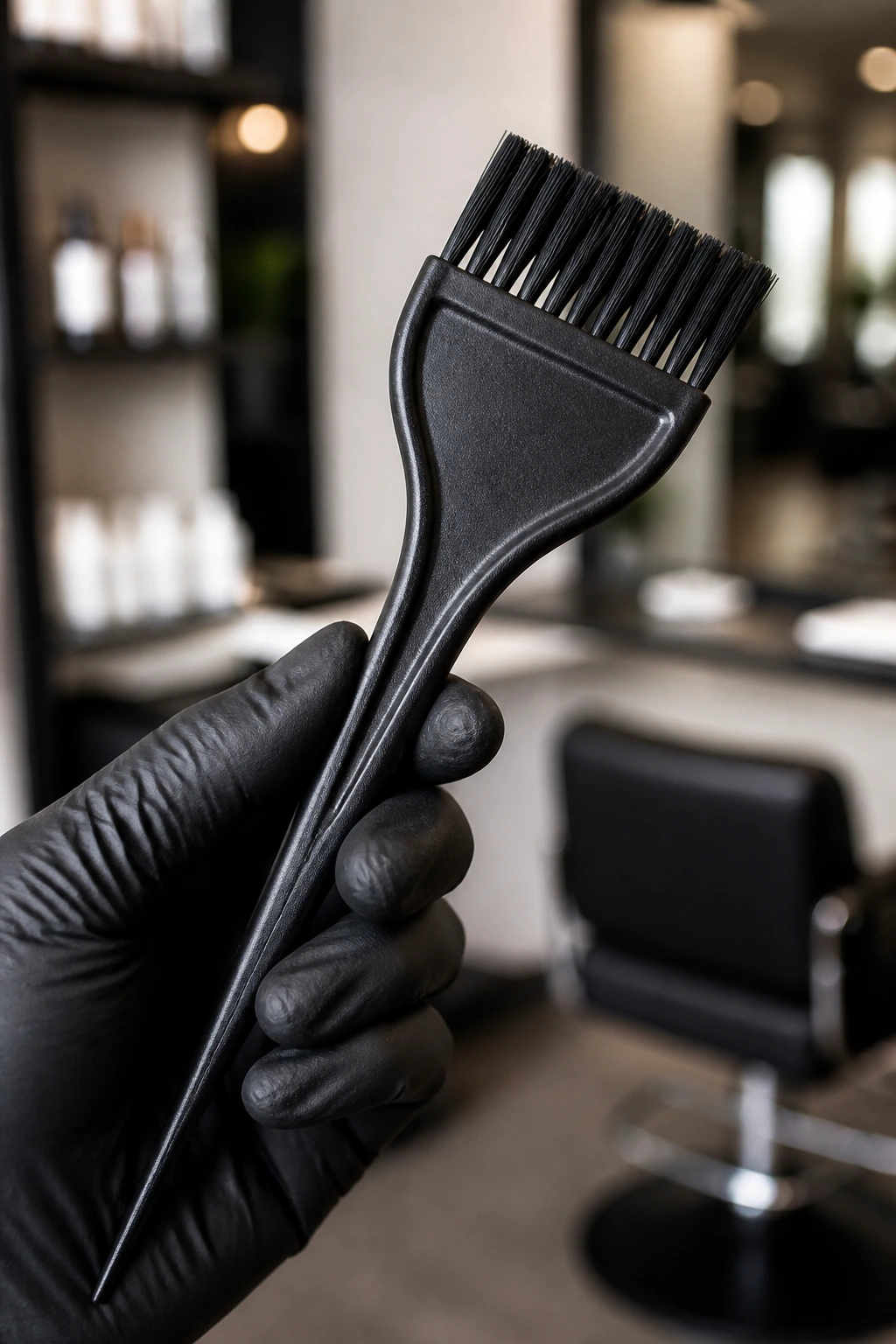 Close-up of a tint brush held in a gloved hand in a salon setting, brush as the hero.