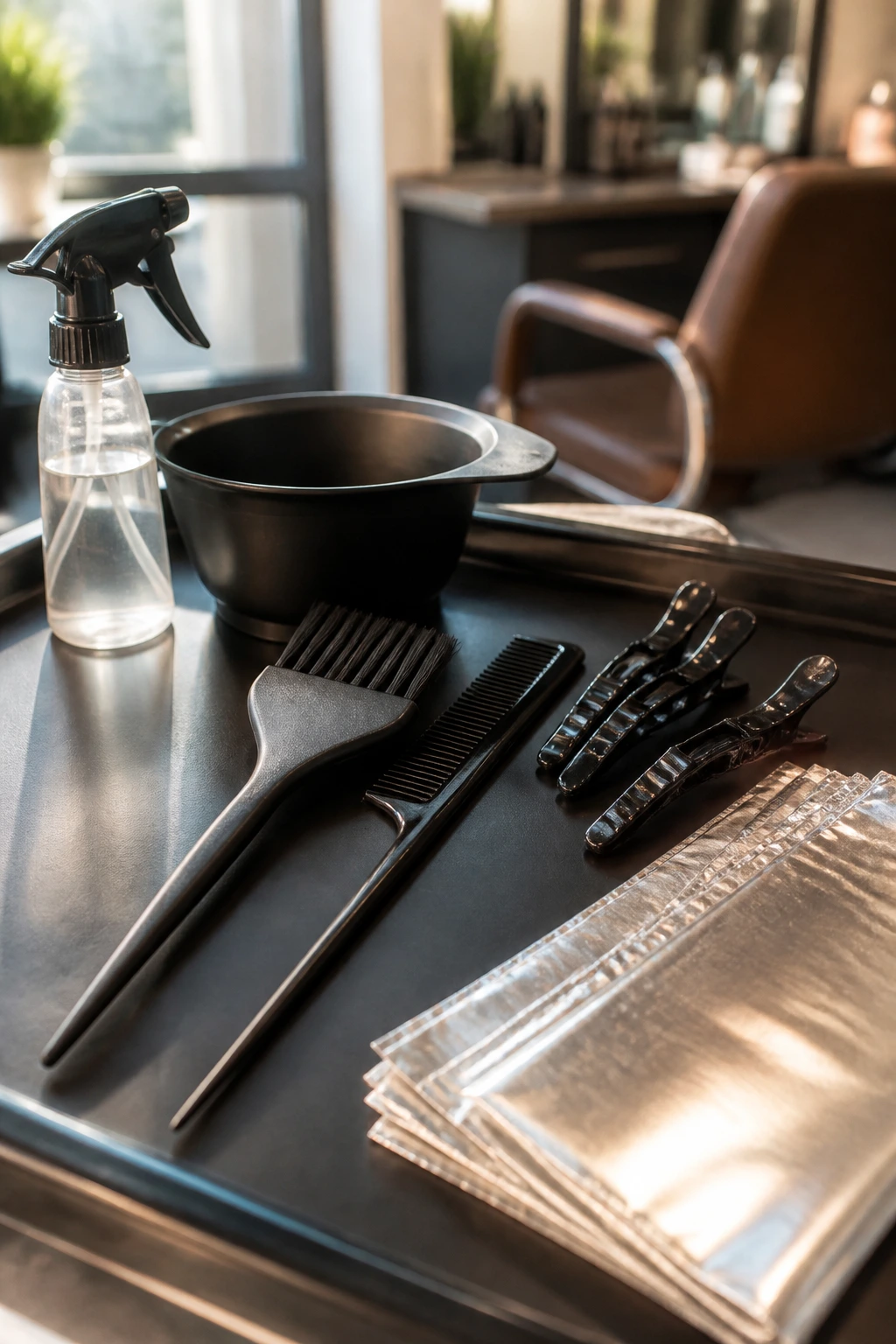 Close-up of balayage tools arranged on a salon counter.