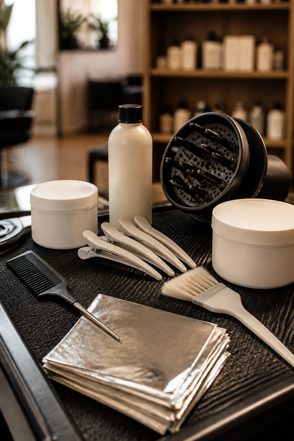 Close-up of essential balayage tools laid out on a salon station.