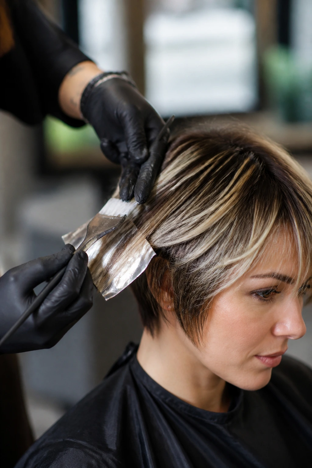 Hands using a fine-tipped brush on short hair during balayage.