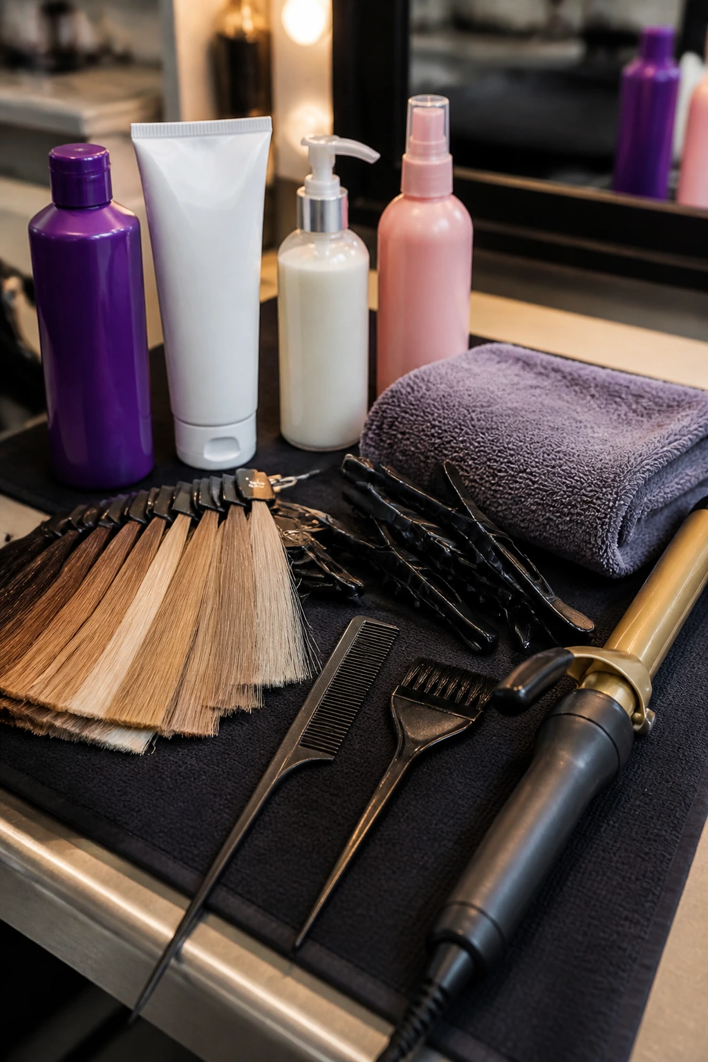 Top-down view of balayage planning tools on a salon workstation