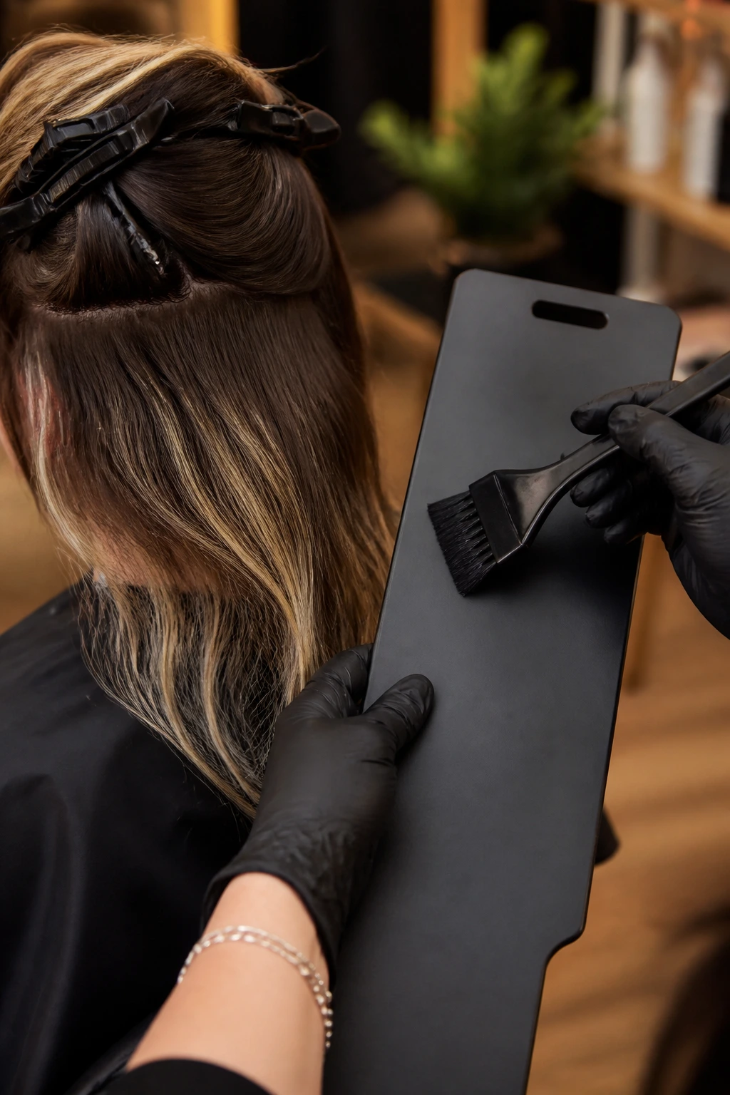 Hands of a colorist reaching for balayage tools in a real salon.