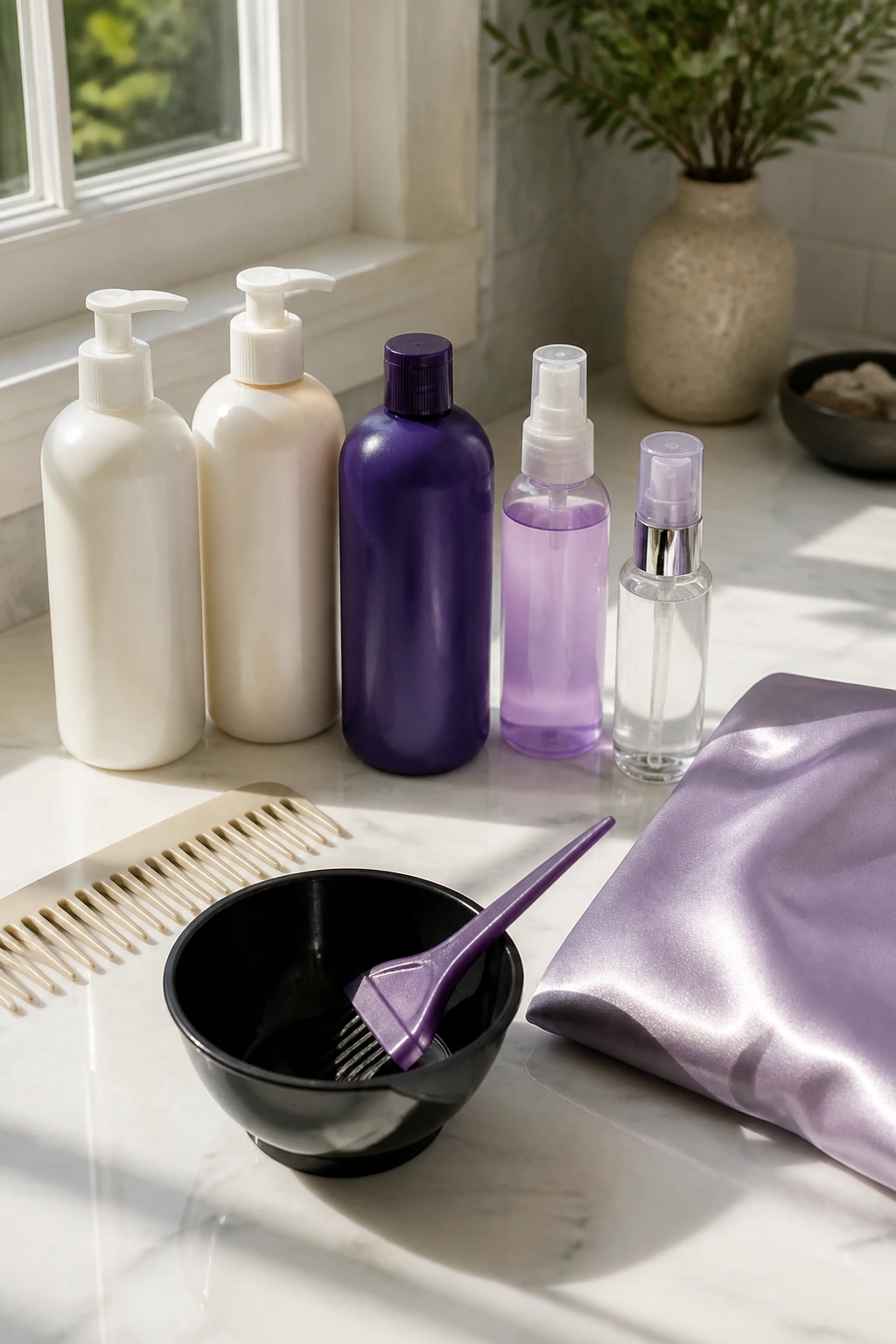 Flat lay of sulfate-free shampoo, color-safe conditioner, toning shampoo, heat protectant, serum, comb, tint brush, bowl, and silk pillowcase