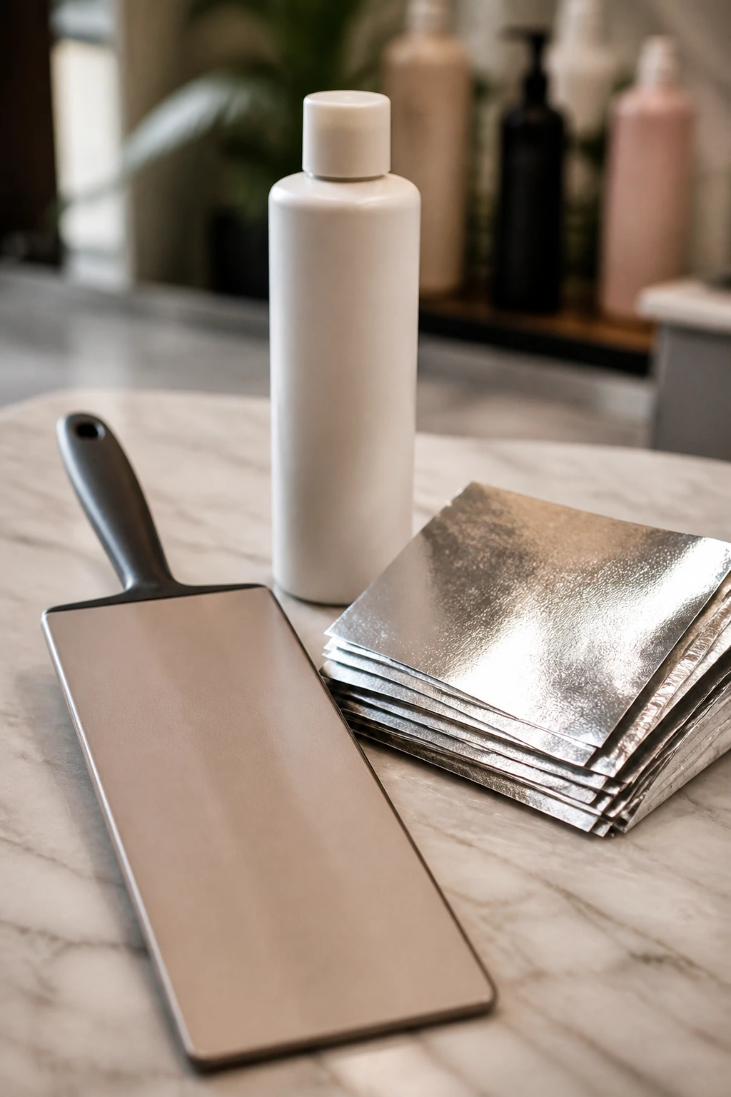 Close-up of colorist tools on a clean salon counter