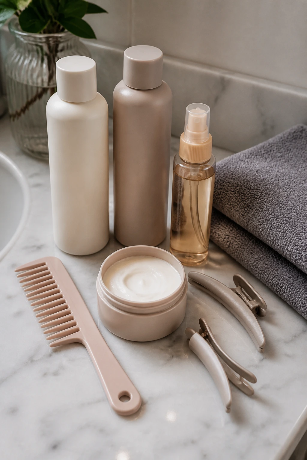 Flat lay of unlabeled haircare tools for short balayage on a clean counter