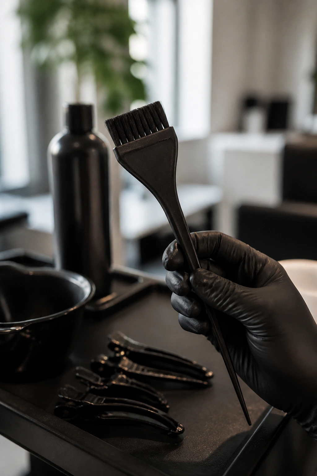 Close-up of a tint brush with accompanying gloss at a salon station.