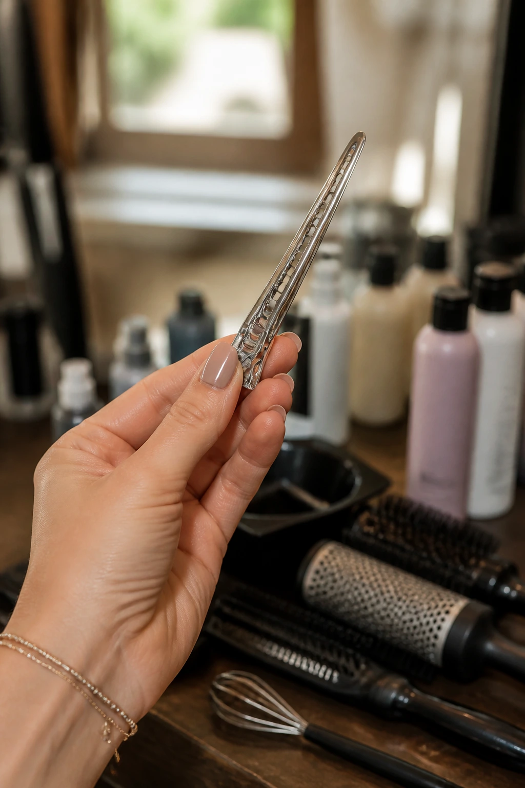 Close-up of a hand holding a sectioning clip with hair tools blurred in the background
