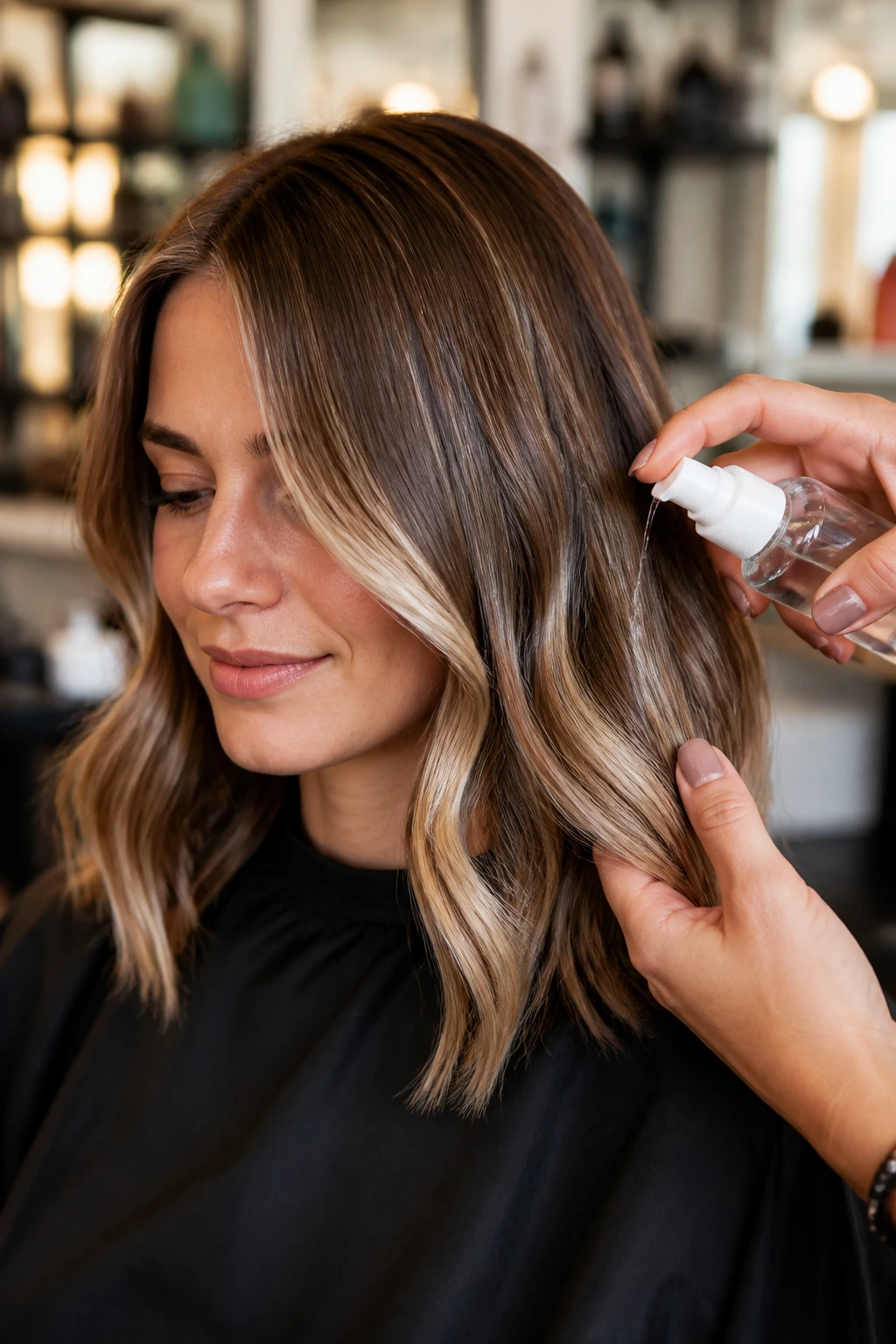 Real person with glossy balayage while a hand applies serum
