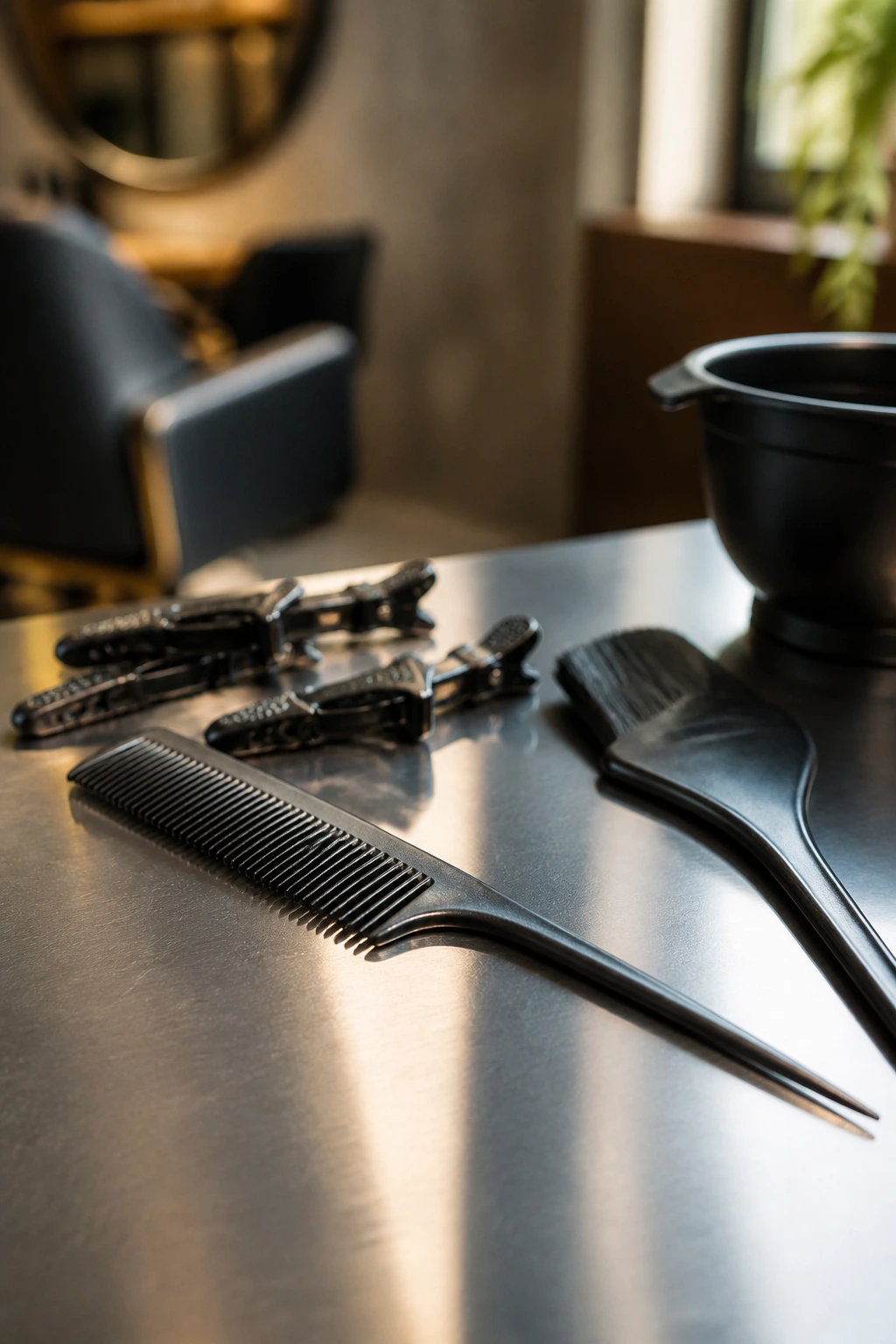 Close-up of balayage tools including tail comb, sectioning clips, and tint brush on a salon counter