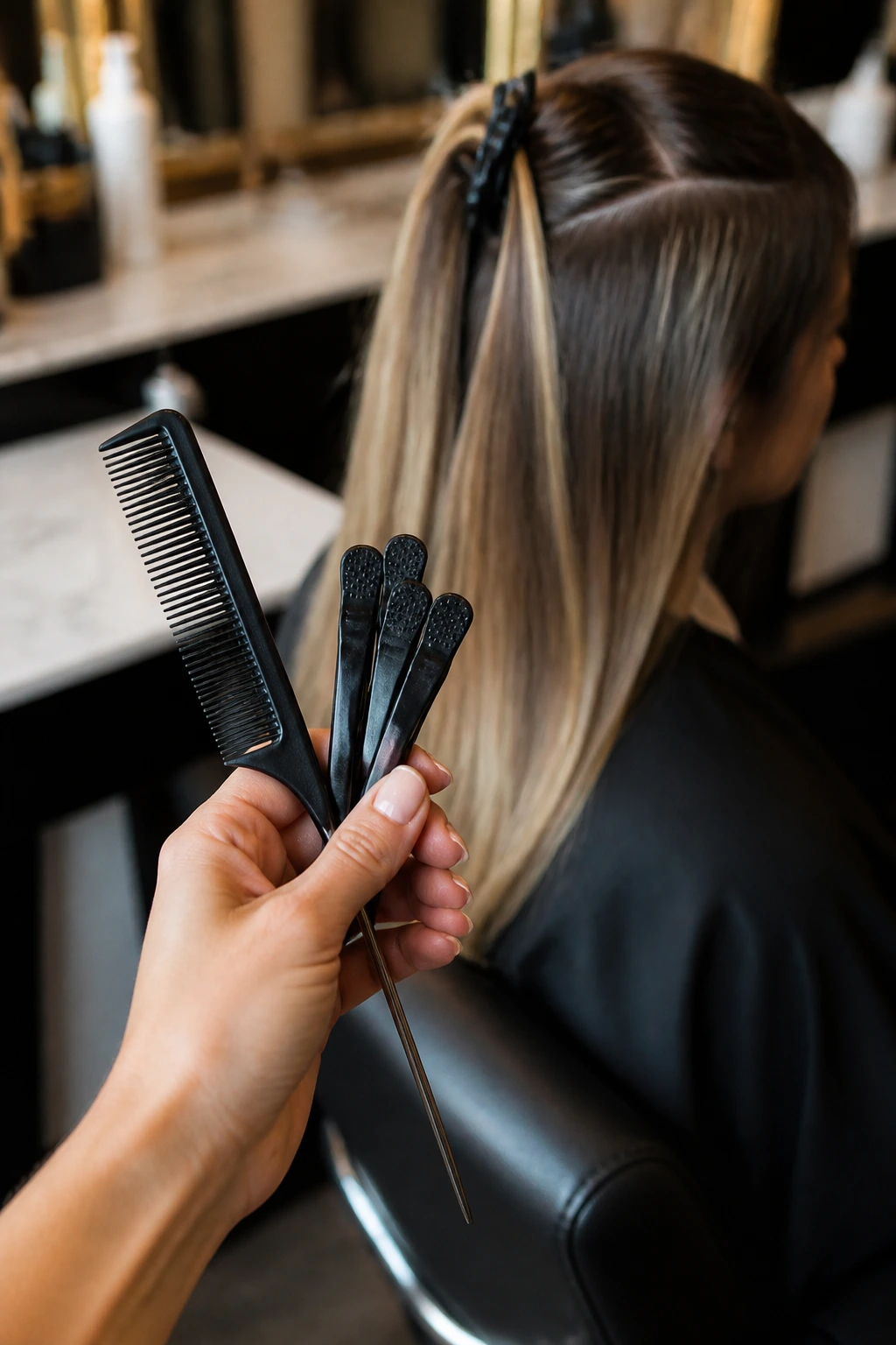 Stylists hand holding tail comb and clips in a salon setting