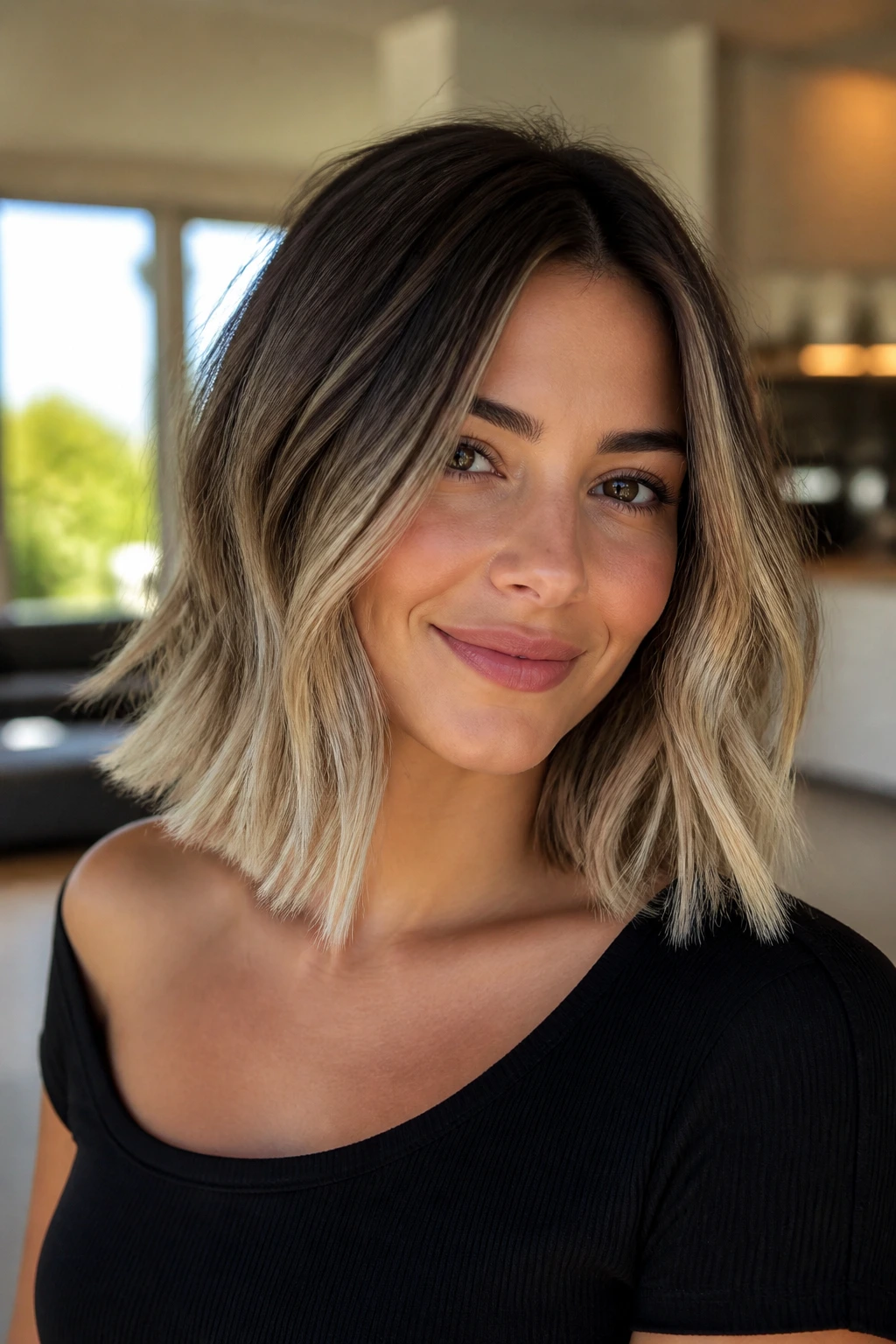 Close-up of collarbone-length lob with vanilla cream ends
