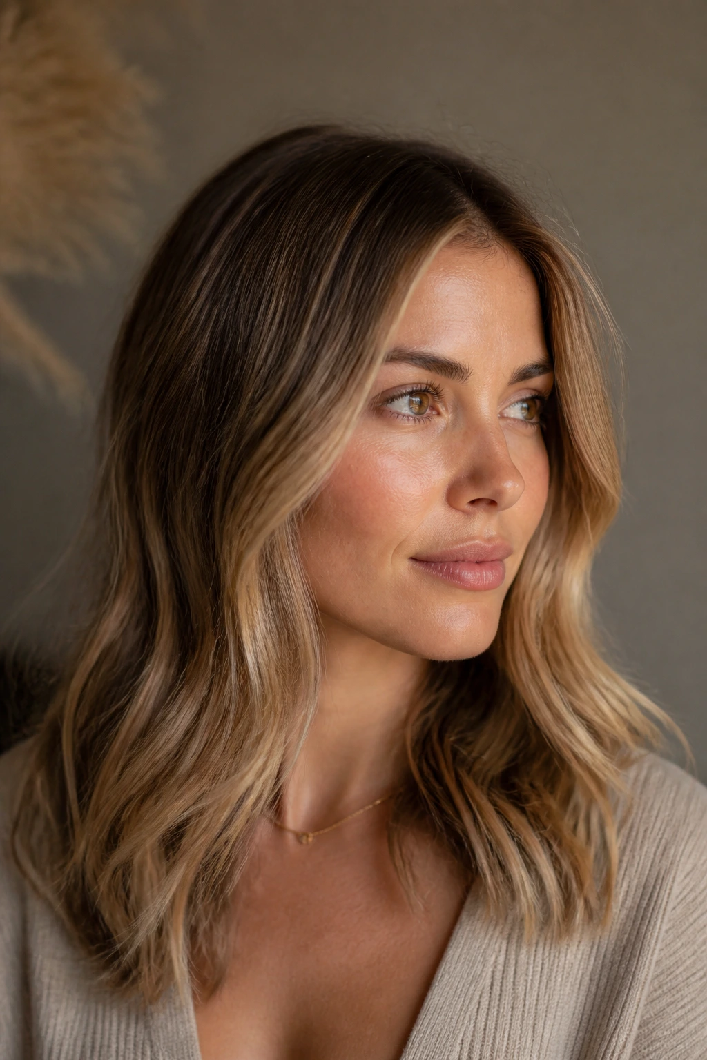 Portrait of a real woman with baby light balayage variations across crown