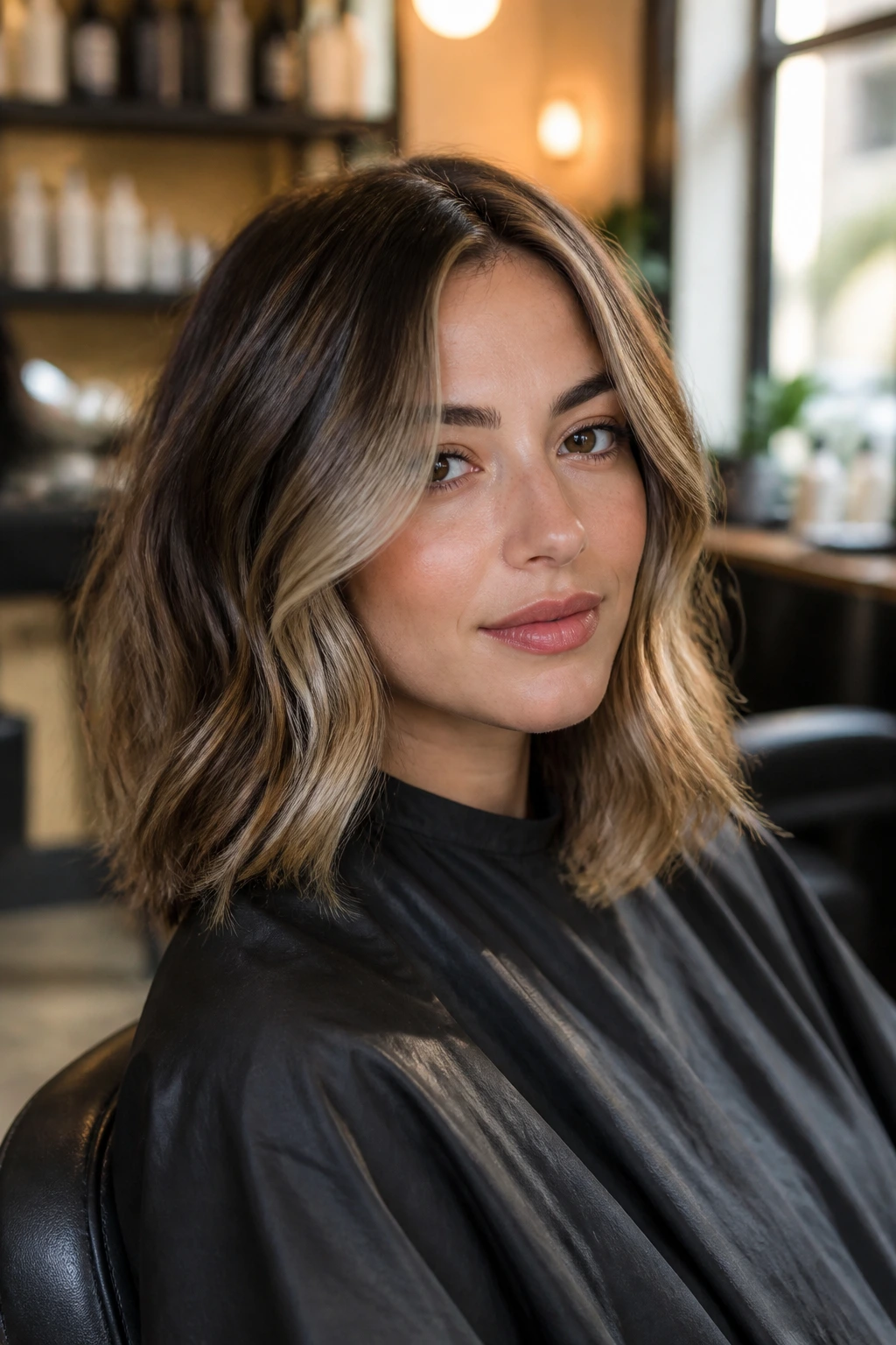 Woman with face-framing highlights and subtle root melt in a salon setting