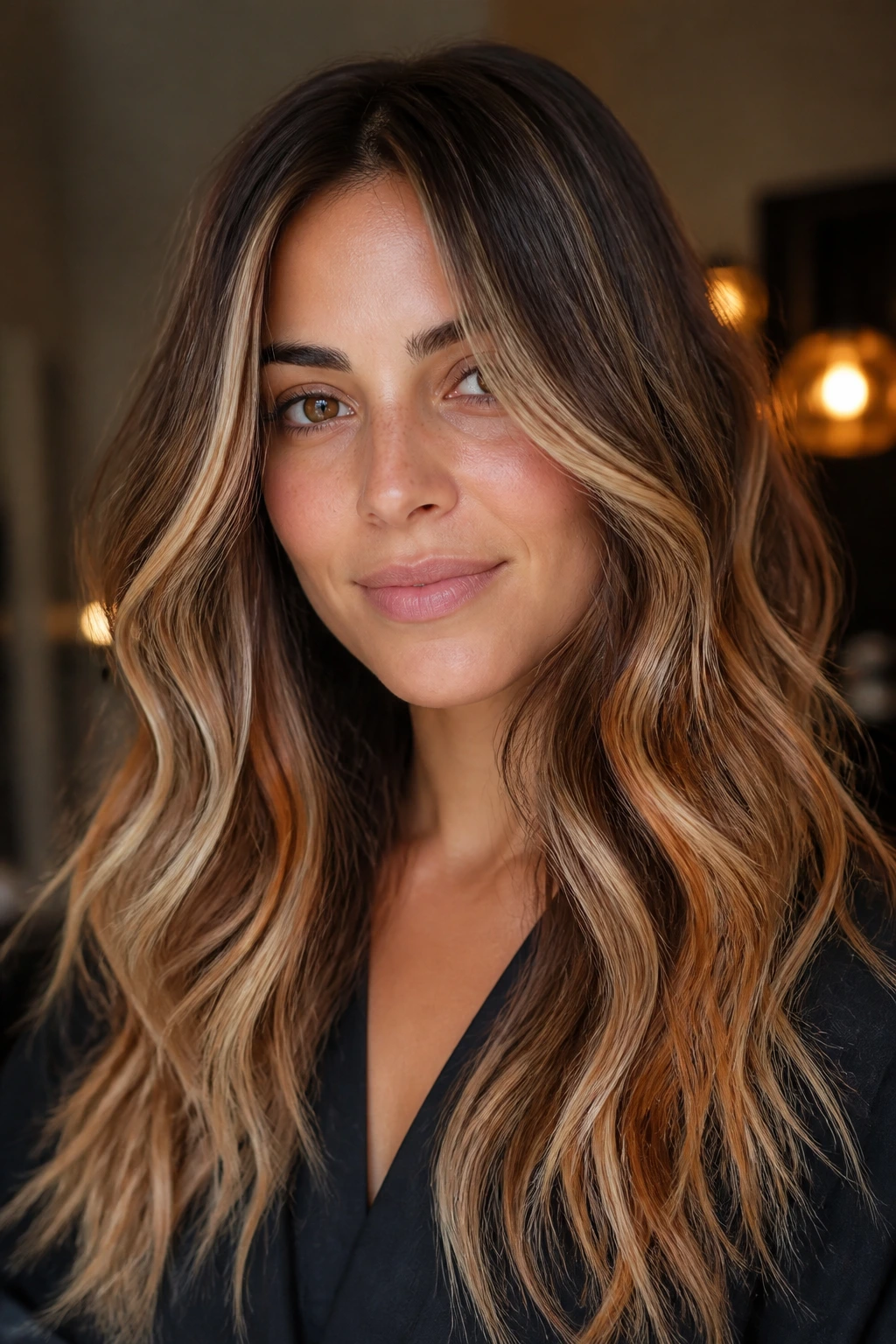 Portrait showing varied balayage tones across thick hair