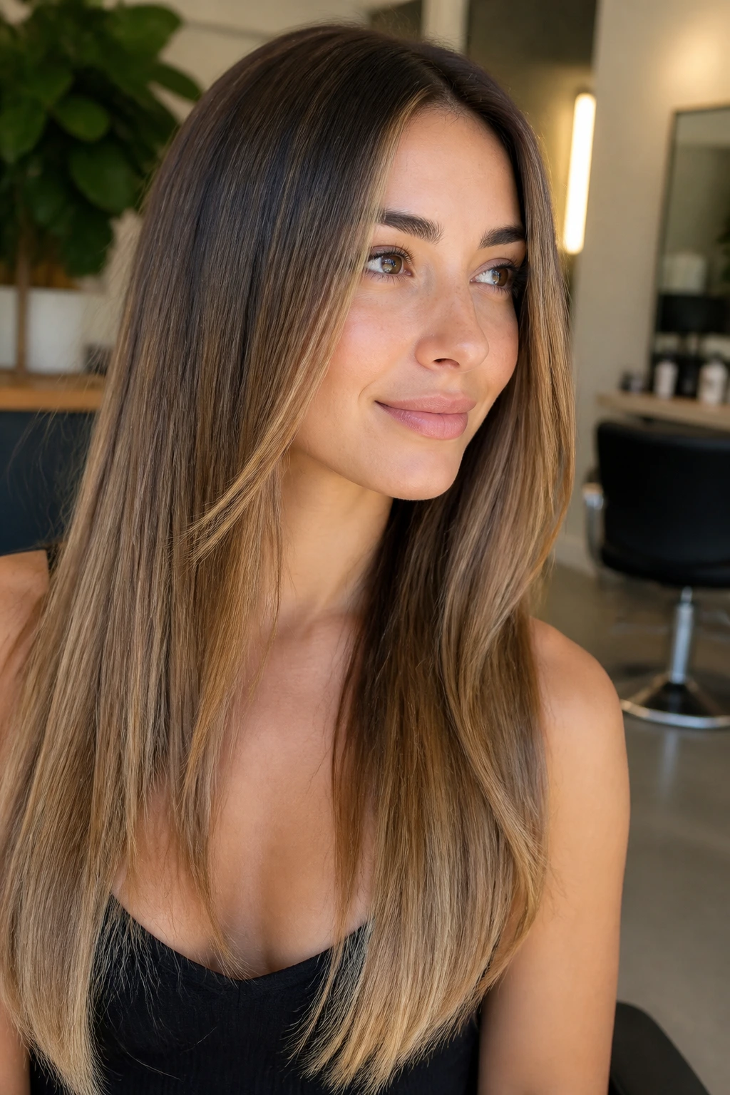 Portrait of a real woman with blended balayage variations on long straight hair