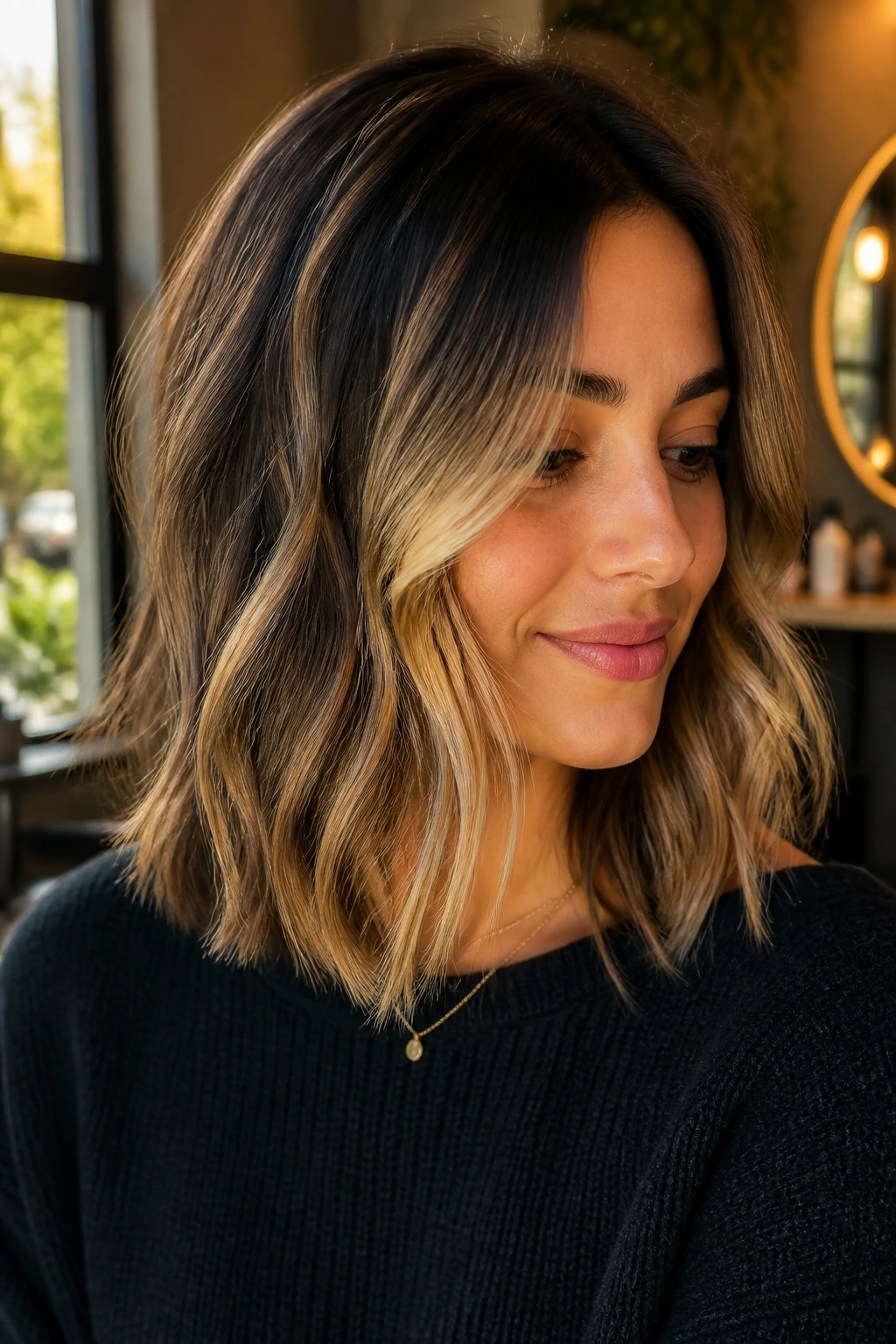 Close-up of shoulder-length balayage showing a low-maintenance lived-in blend on a real person