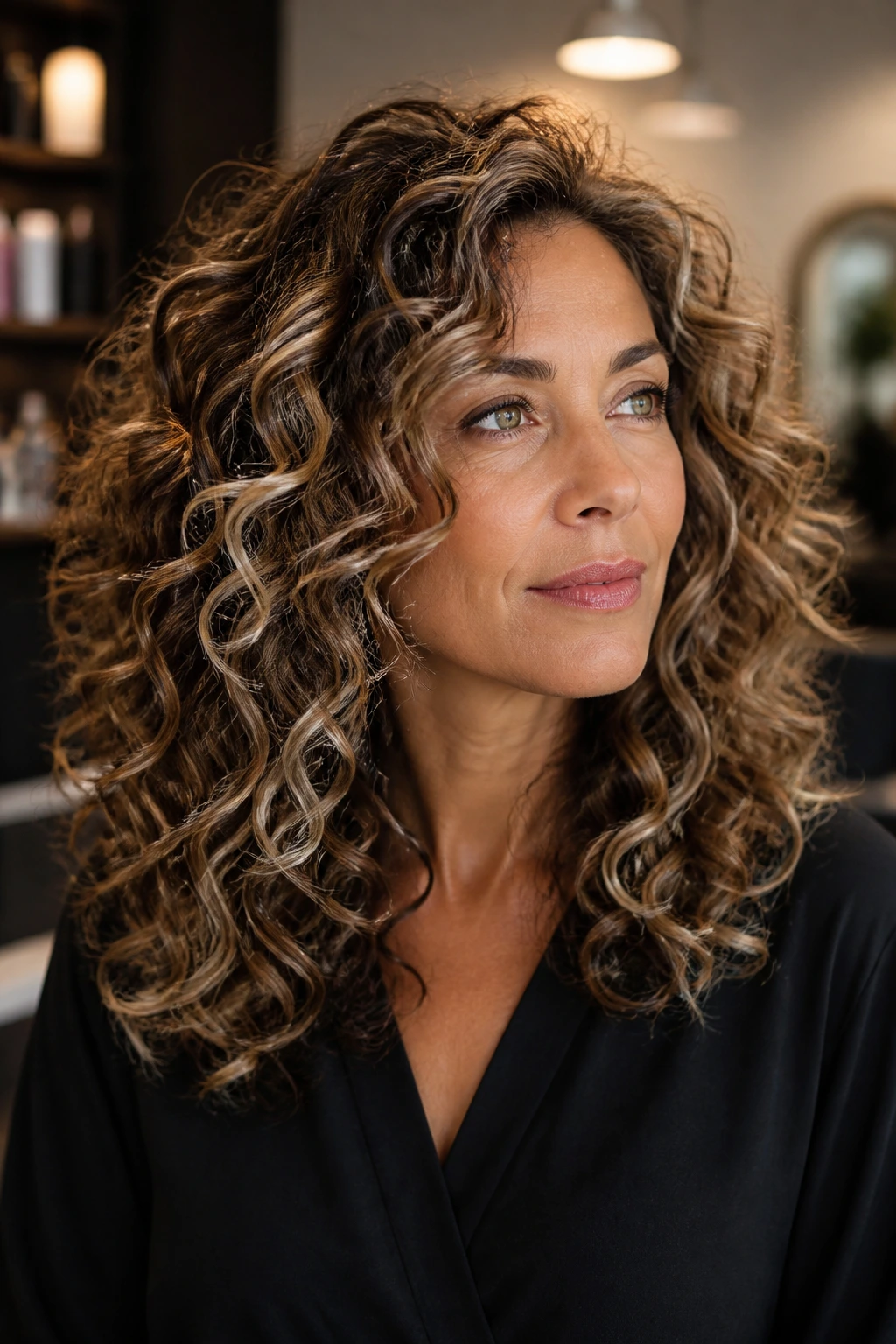 Real person's curly balayage with varied tone placements illustrating variations.