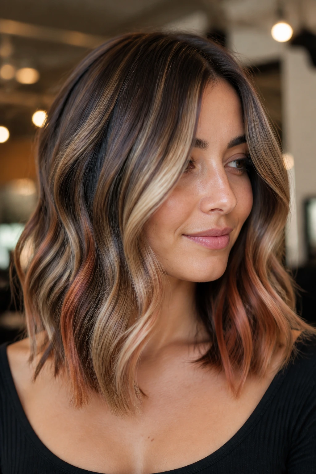 Portrait of a woman with wavy balayage showing varied tones.