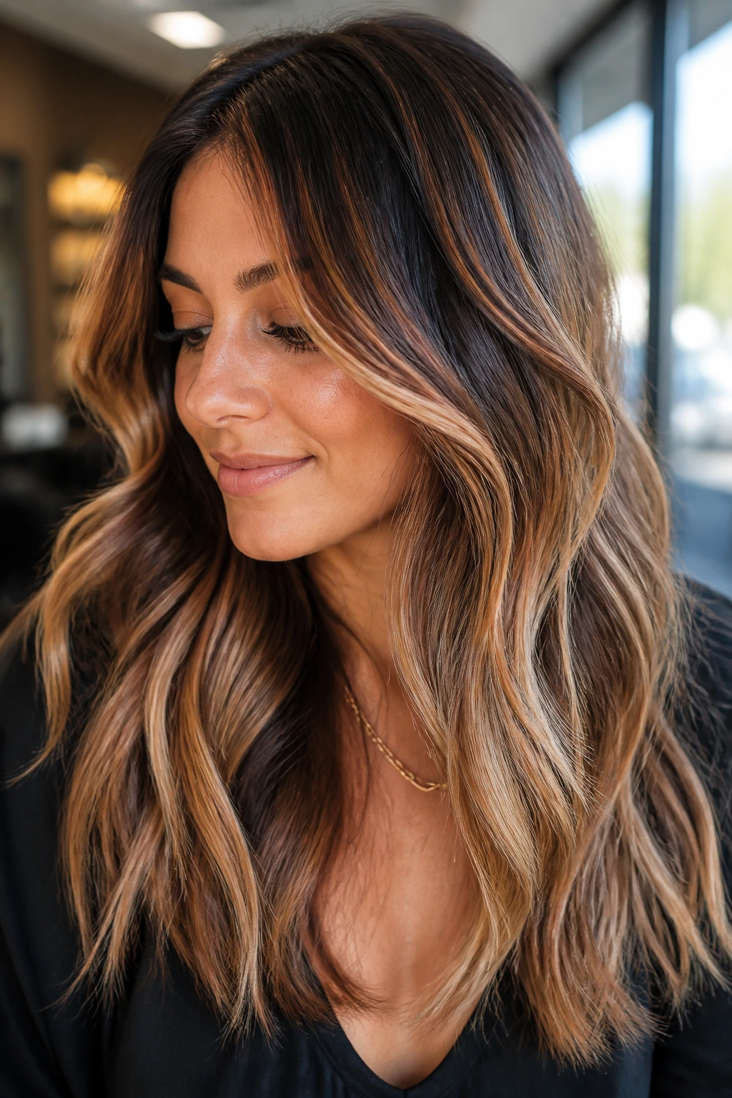 Close-up of real woman with varied balayage tones including root melt, copper, and beige-ash under natural light
