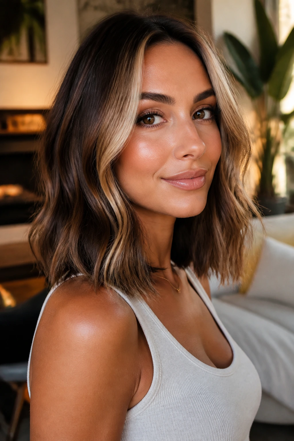 Woman with a bright money piece balayage around the face in a cozy room.