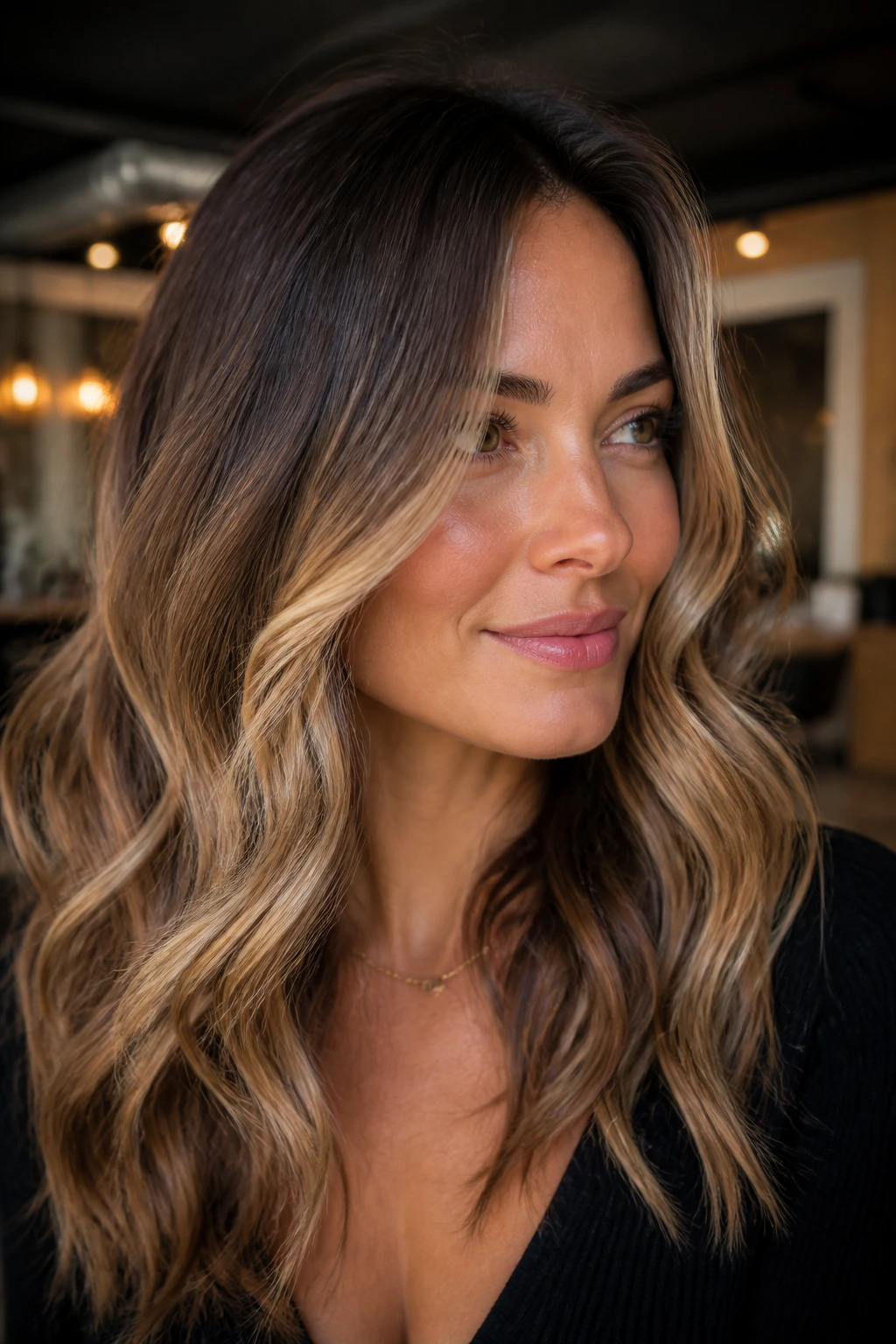 Portrait showing variations: root melt, face-framing pieces, and soft balayage