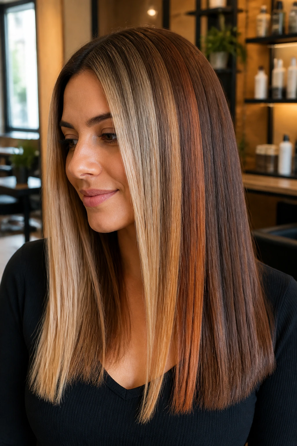 Close-up portrait of a real woman with straight hair displaying five balayage ribbons in beige, caramel, ash blonde, copper, and mocha.