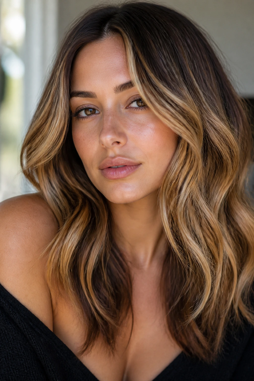 Portrait showing warm balayage variations around the face