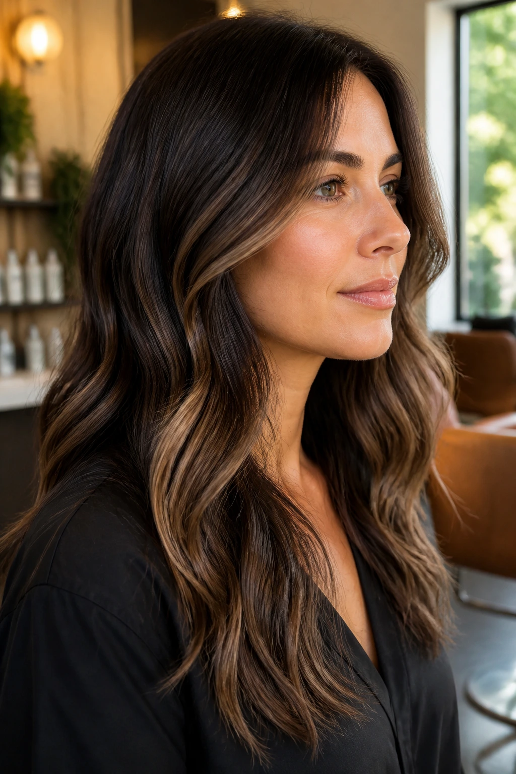 Close-up of a real woman's dark brown hair with walnut smoke balayage and subtle lighter pieces.