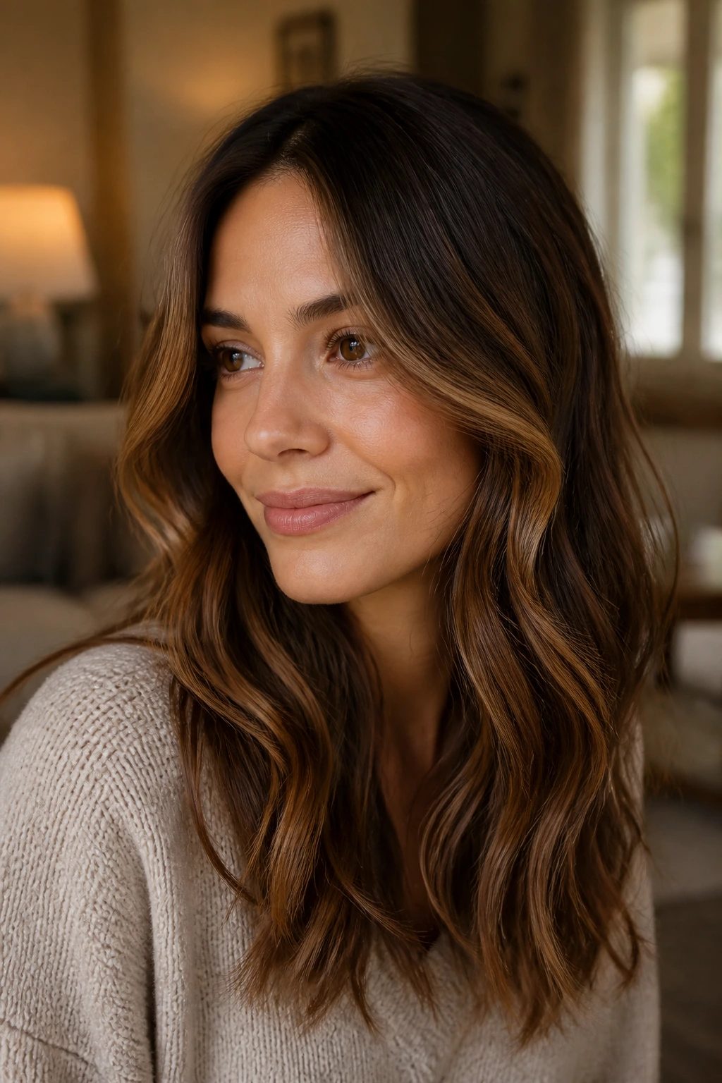 Close-up portrait of a real woman with warm chestnut balayage glow