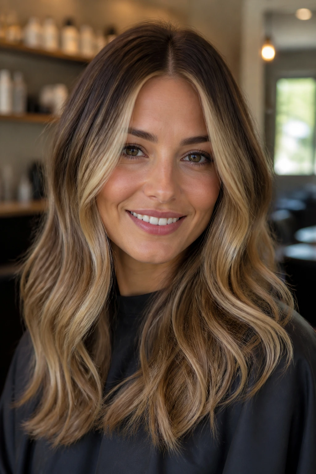 Close-up portrait of a real woman with warm honey and cool beige balayage in a salon