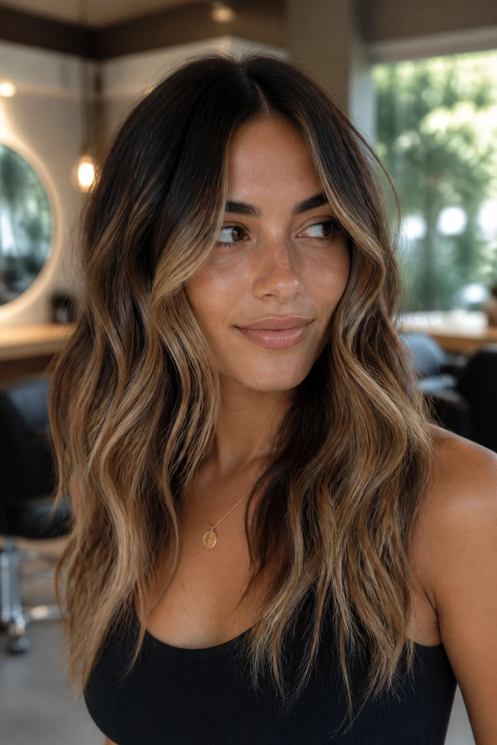 Close-up of a real woman's wavy hair demonstrating wave-aware balayage in a softly lit salon setting.