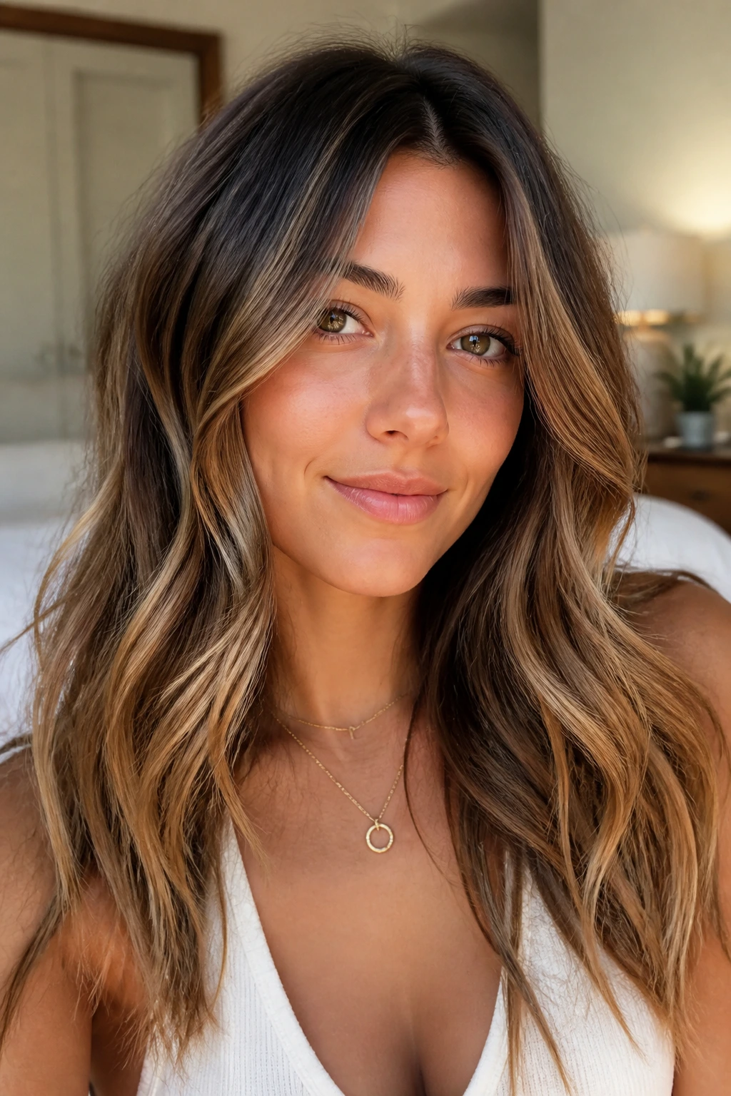 Close-up of a real woman with wavy balayage showing color ribbons along the face