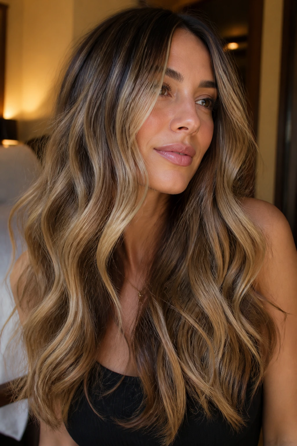 Portrait of a real person with long balayaged waves showing color ribbons.