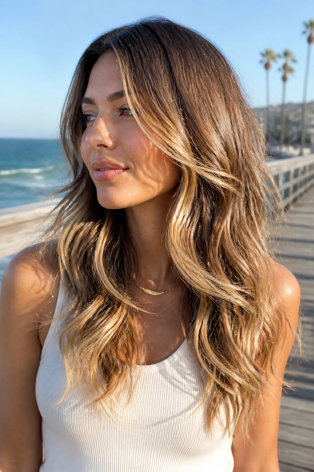 Portrait of a real woman with long layered balayage waves at a sunny boardwalk