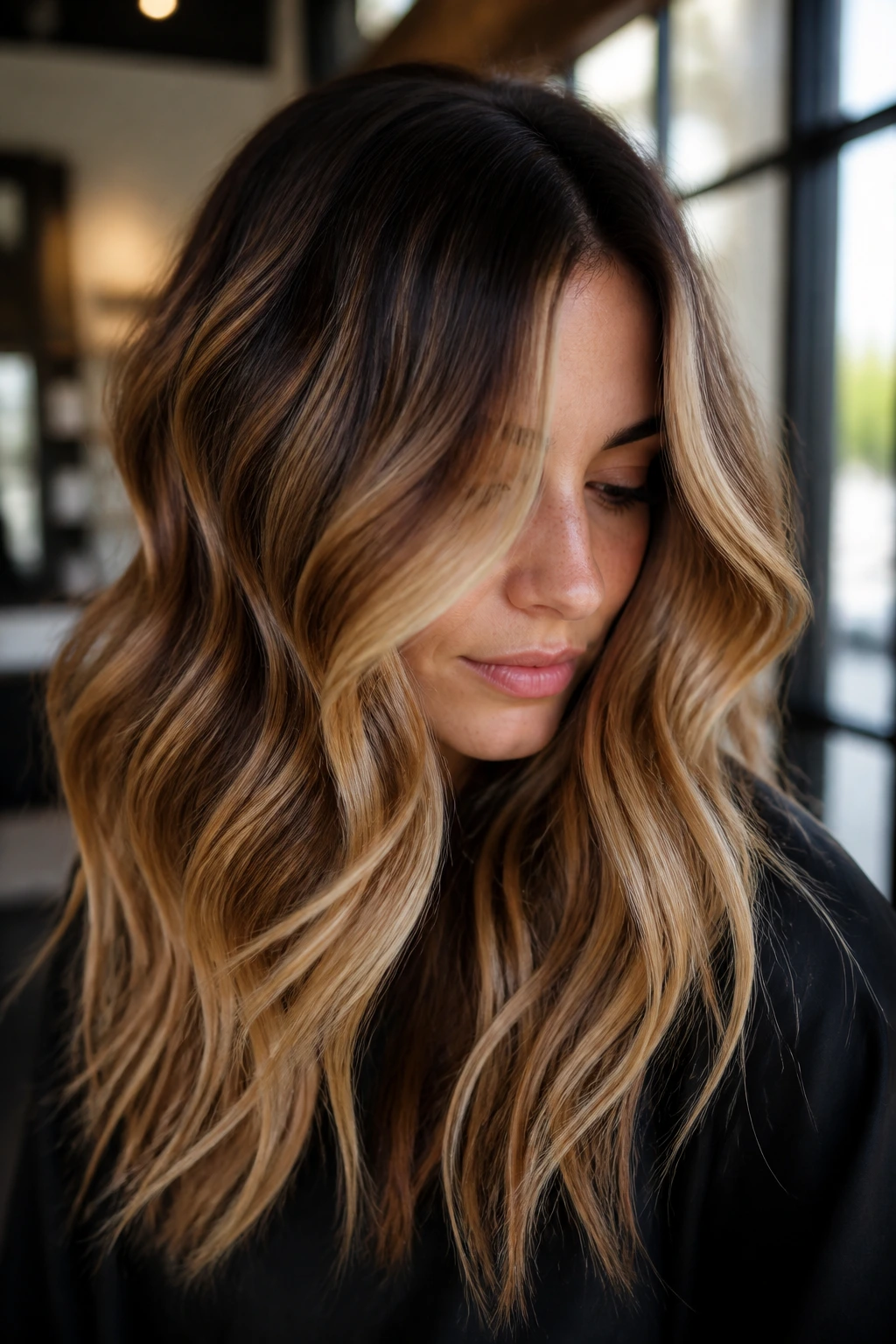 Close-up of a real person with balayage highlights on wavy hair under warm salon lighting