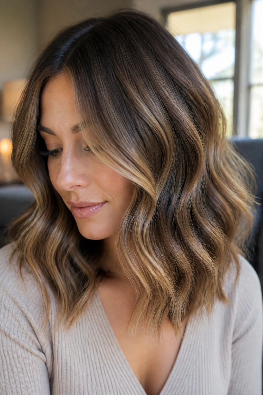 Close-up of a real woman with wavy hair showing balayage highlights