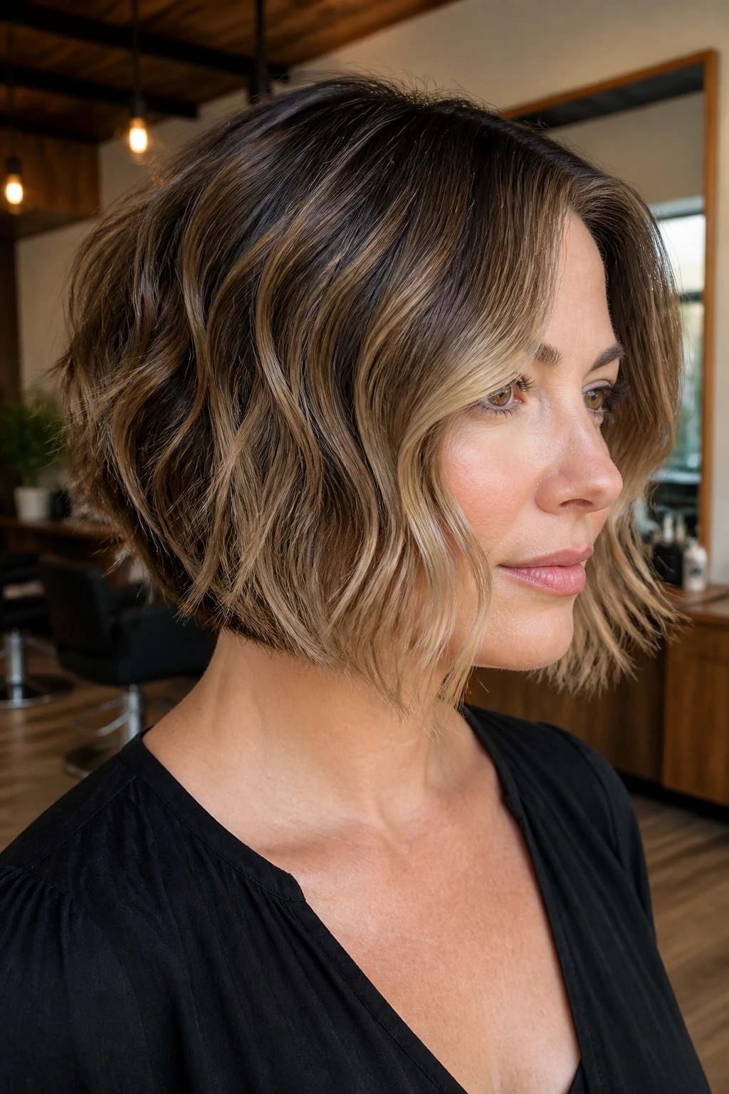 Real woman with wavy balayage stacked bob in soft salon lighting