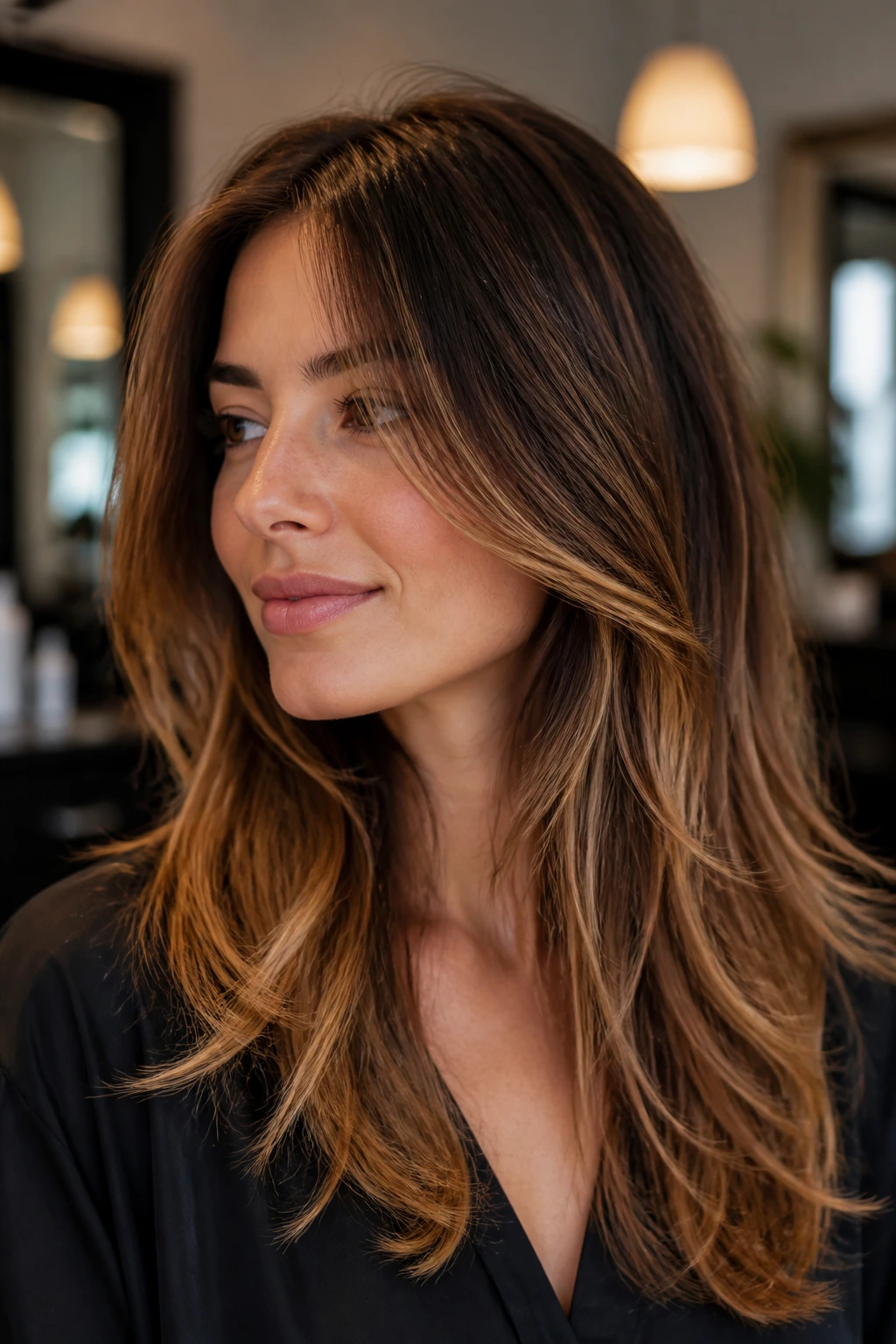 Close-up portrait of a real woman with layered cut and face-framing balayage in warm light.