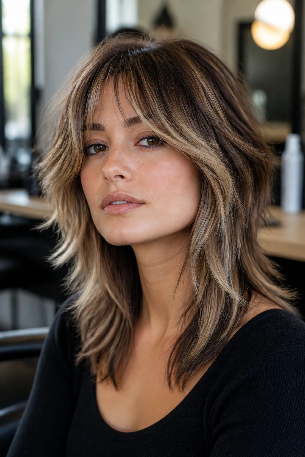 Close-up of a real person showing balayage-enhanced wolf cut layers.