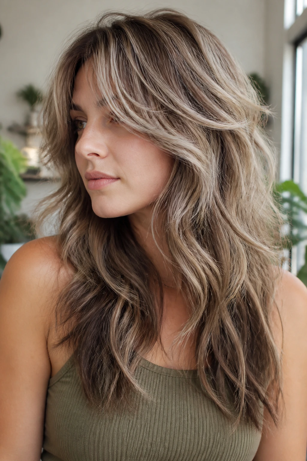 Portrait of a real woman with balayage-ready wolf shag showing dimensional highlights
