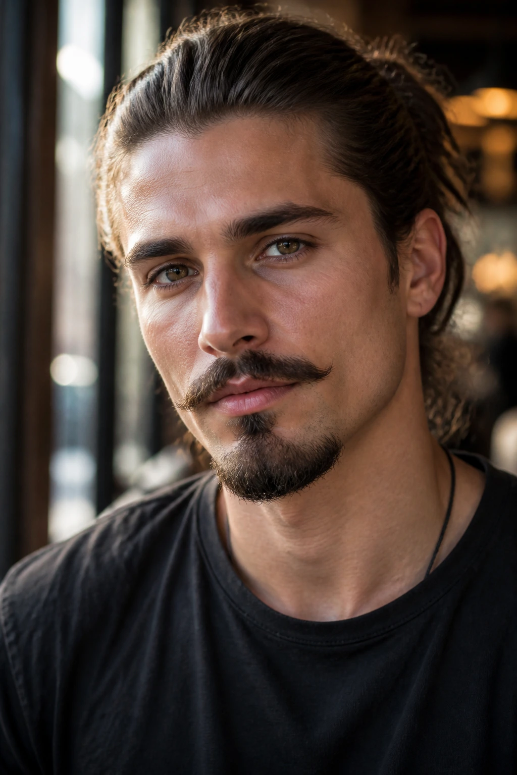 Man with Balbo beard and clean mustache, long hair pulled back in warm cafe light.
