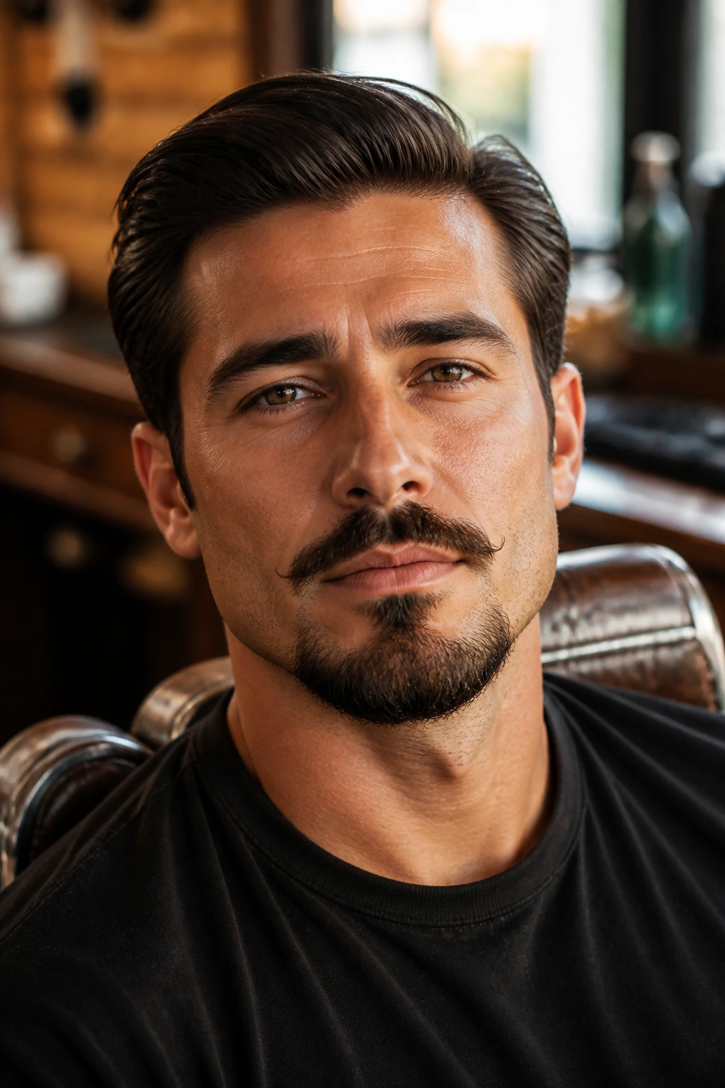 Close-up of a man with a Balbo beard featuring a separated mustache and chin beard in warm barber shop lighting